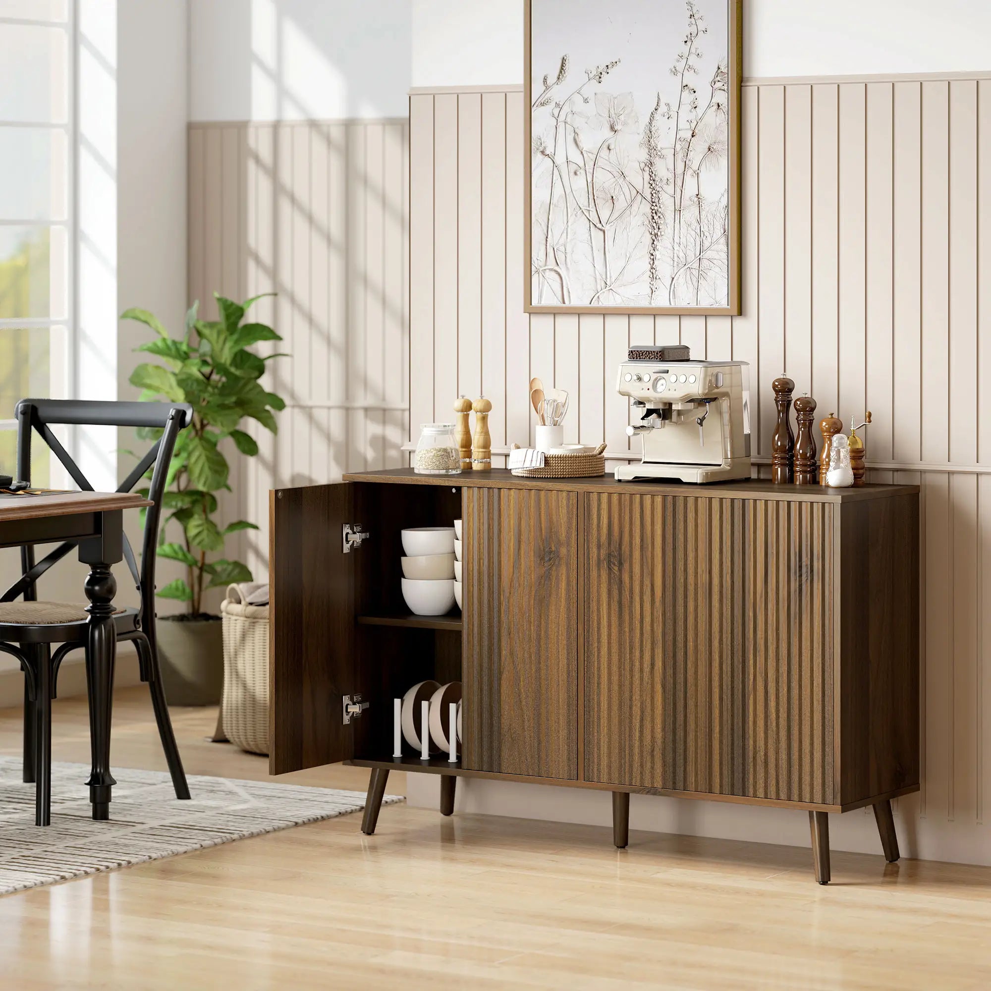 Fluted Sideboard with Storage, Adjustable Shelves, Dark Brown Bar Cabinets at Gallery Canada