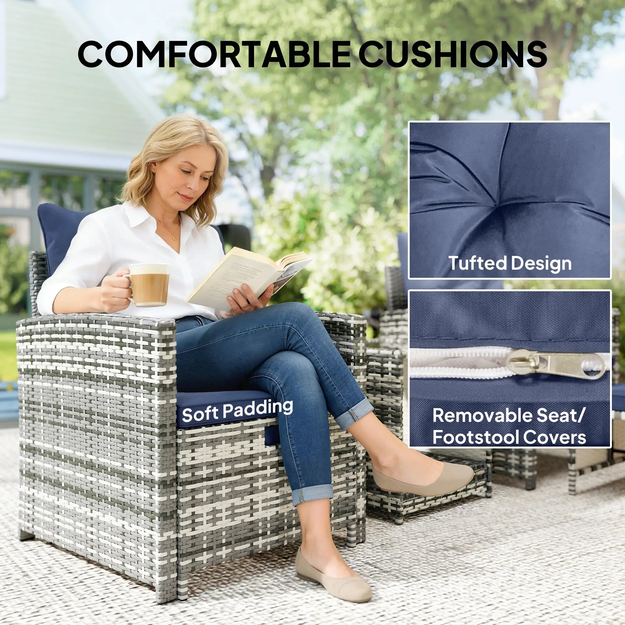 5 Piece Patio Furniture Set, Wicker Chairs With Ottomans, 2-Tier Glass Coffee Table, Grey/Dark Blue Patio Furniture Sets at Gallery Canada