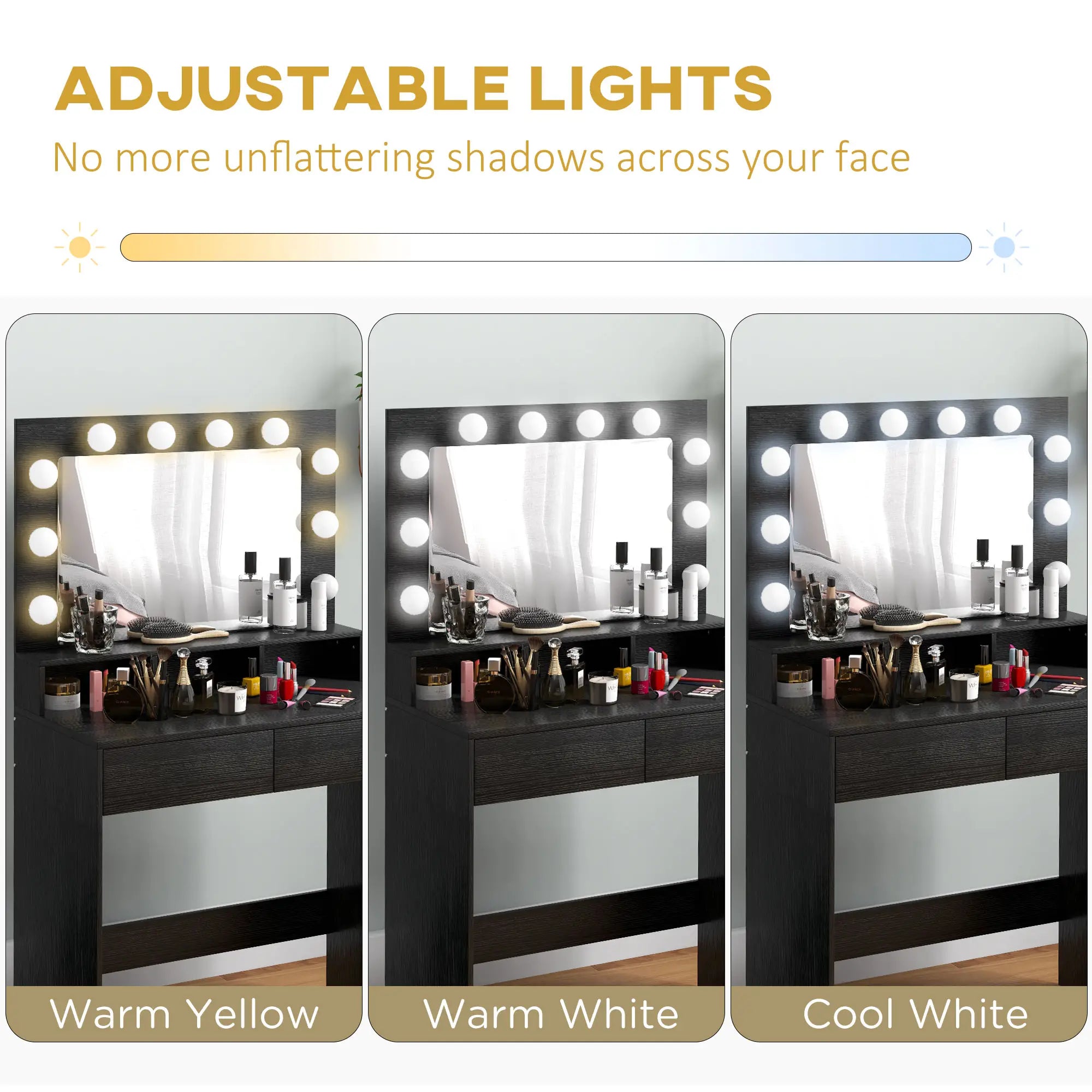 Vanity Table, Makeup Dressing Table with LED Lighting Mirror, Drawers, for Bedroom, Black Dressing & Vanity Tables at Gallery Canada