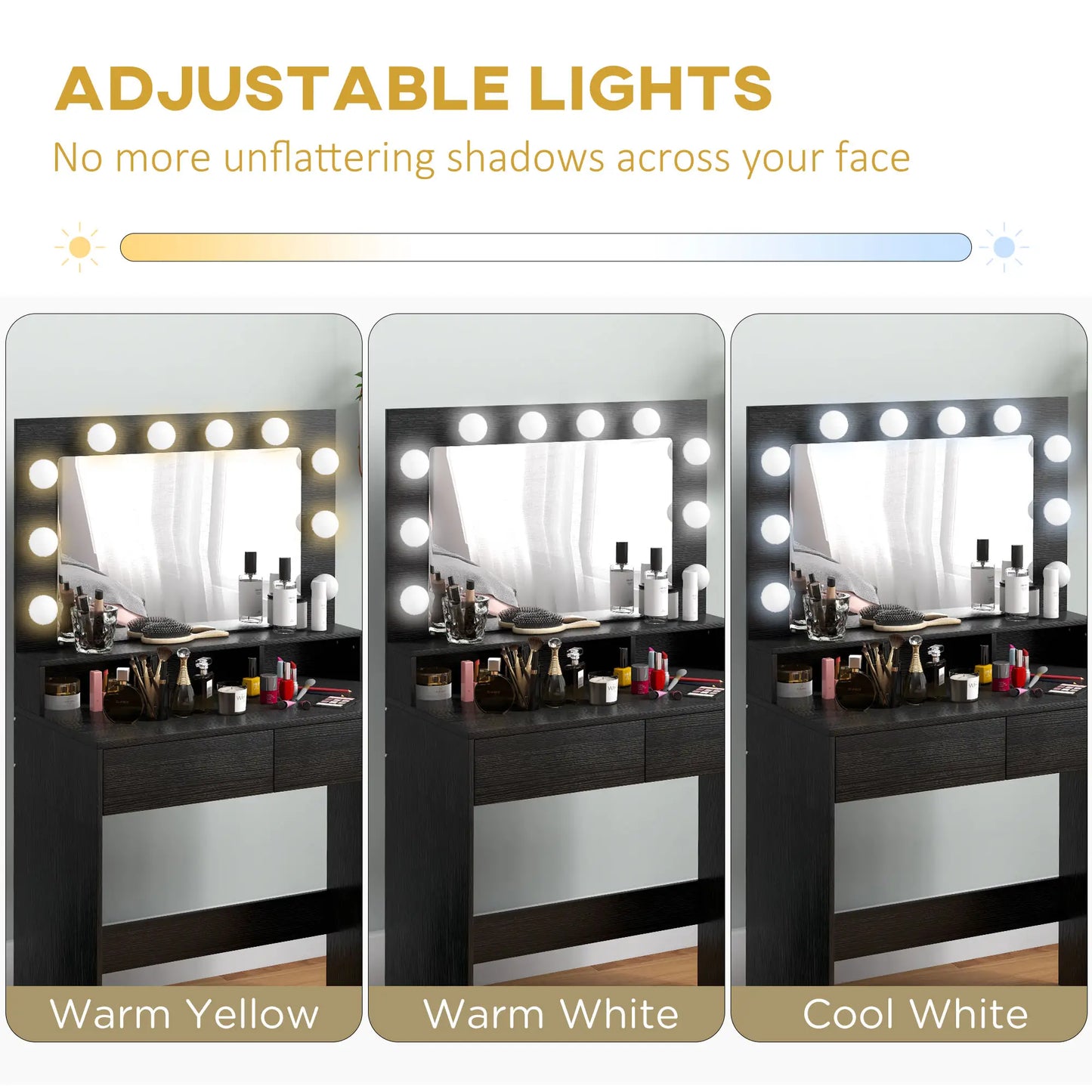 Vanity Table, Makeup Dressing Table with LED Lighting Mirror, Drawers, for Bedroom, Black Dressing & Vanity Tables at Gallery Canada