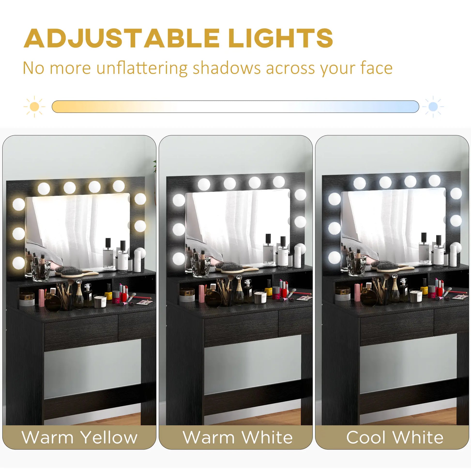 Vanity Table, Makeup Dressing Table with LED Lighting Mirror, Drawers, for Bedroom, Black Dressing & Vanity Tables at Gallery Canada