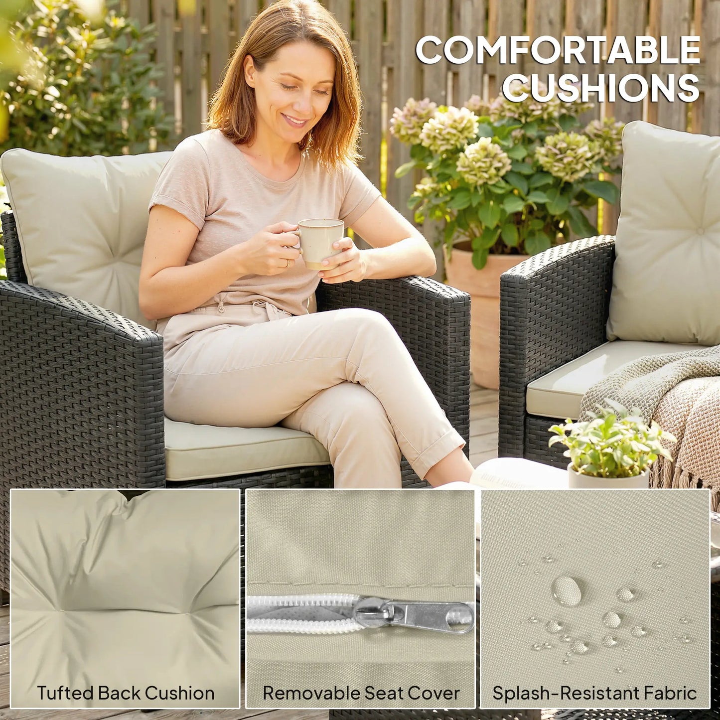 3 Piece Wicker Patio Set, 2-Tier Glass Top Table, Beige Bistro Sets at Gallery Canada