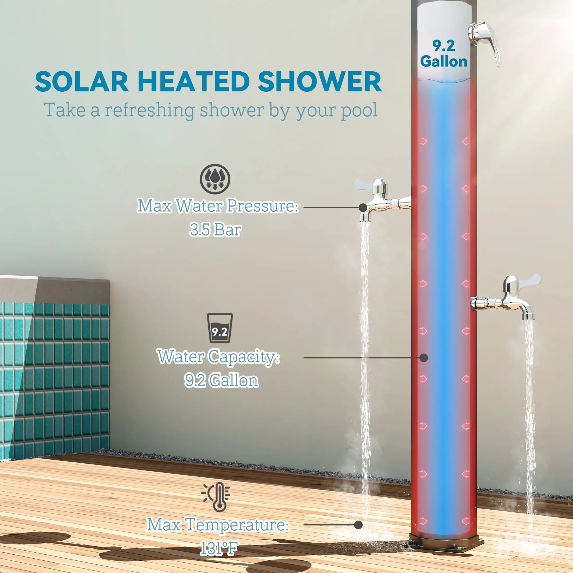 Solar Heated Outdoor Shower, 9.2 Gallon, 7.1ft, 2 Rotating Heads Outdoor Swimming Pools & Hot Tubs at Gallery Canada