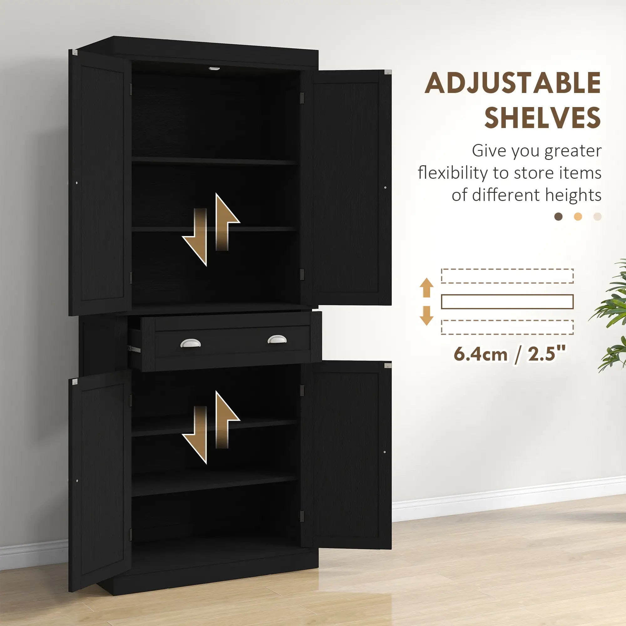 72 Inch Tall Pantry Cabinet, 4 Door Kitchen Storage, Black Wood Grain, Black Kitchen Pantry Cabinets at Gallery Canada