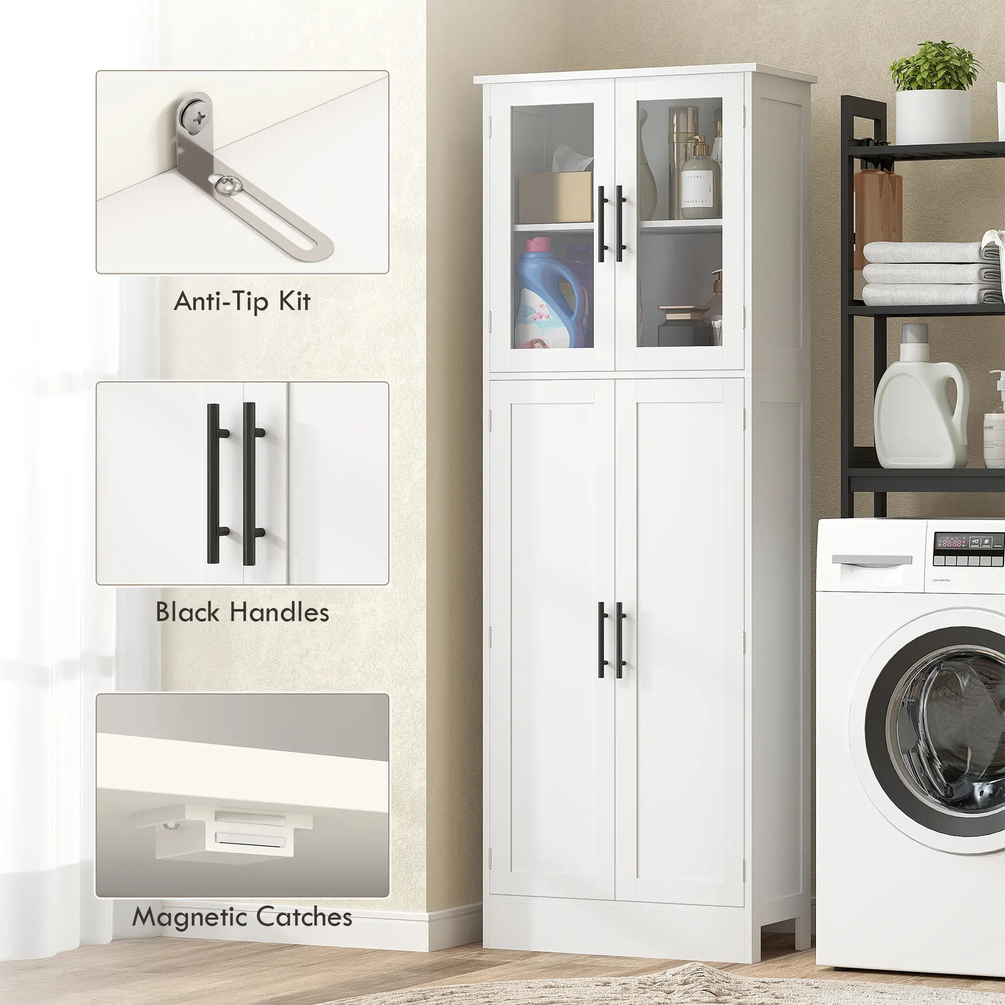 Tall Bathroom Cabinet, Glass Doors, Adjustable Shelves, White Freestanding Bathroom Cabinets at Gallery Canada