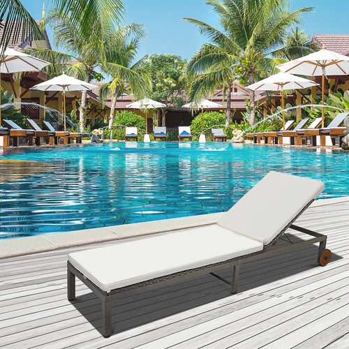 Rattan Sun Lounger, 4-Level Adjustable Backrest, Wheels, Cushion, Cream White