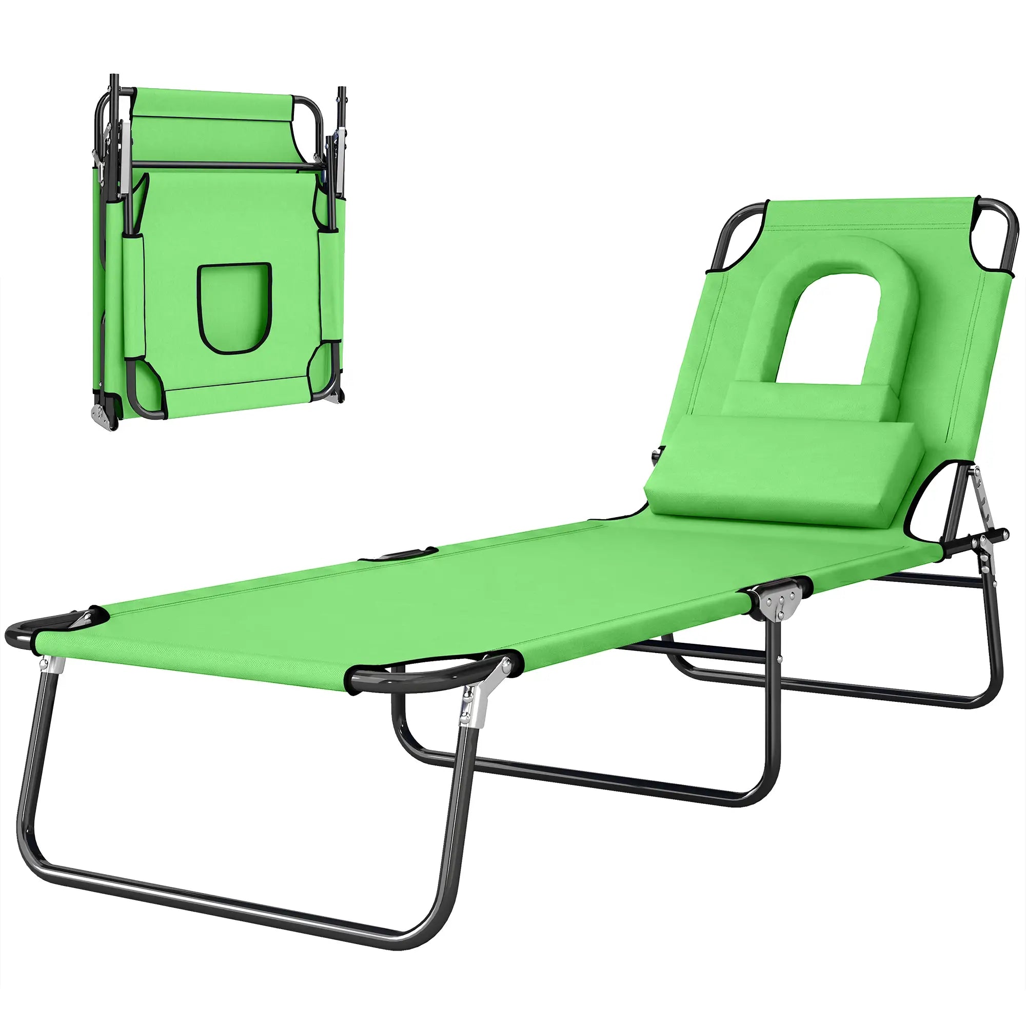 Adjustable Outdoor Lounge Chair, Folding Chaise with Face Hole, Green Lounger Chairs at Gallery Canada