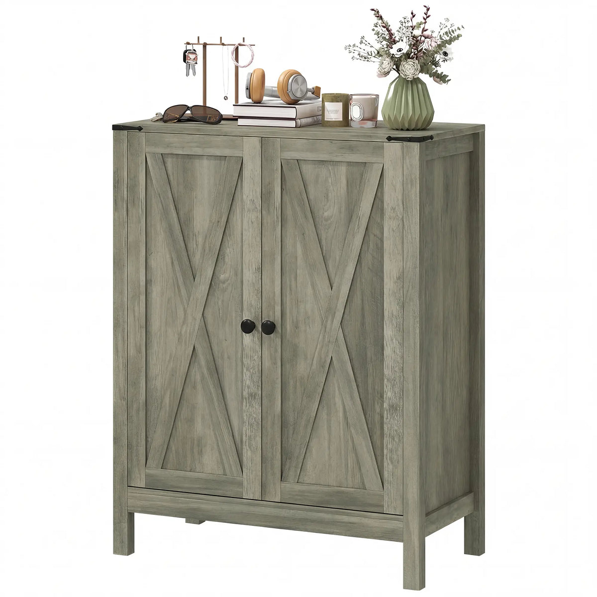 Shoe Cabinet With Barn Doors, Adjustable Shelves, Holds 15 Pairs, Grey
