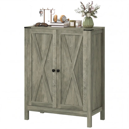 Shoe Cabinet With Barn Doors, Adjustable Shelves, Holds 15 Pairs, Grey