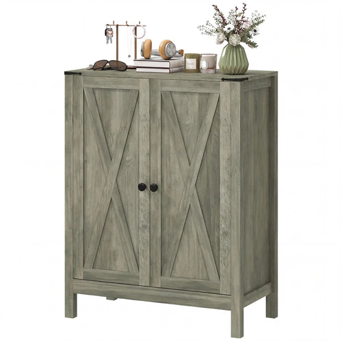 Shoe Cabinet With Barn Doors, Adjustable Shelves, Holds 15 Pairs, Grey