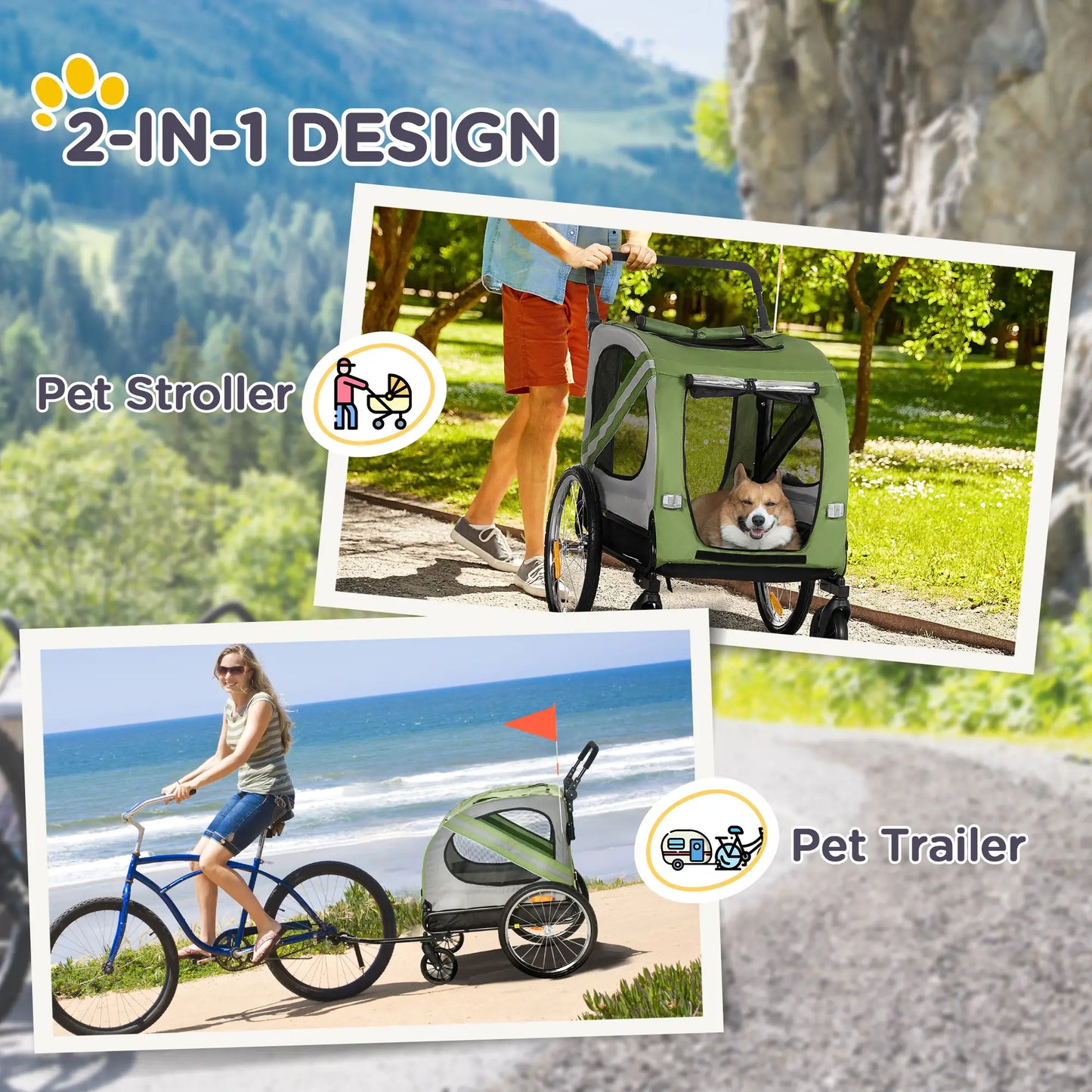 Dog Bike Trailer, 2-in-1 Pet Stroller, Universal Wheel Reflectors, Green Dog Bike Trailers & Strollers at Gallery Canada