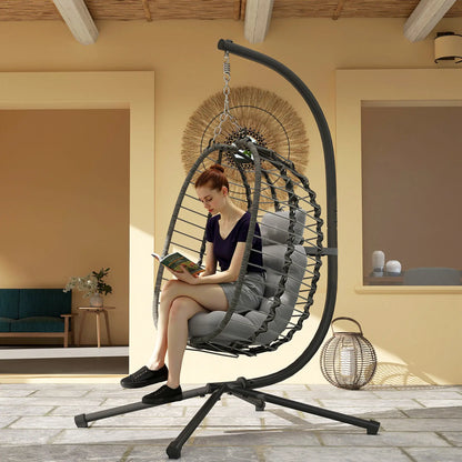 Hanging Egg Chair With Stand, Foldable Wicker Rattan Swing Chair, Light Grey Patio Chairs at Gallery Canada
