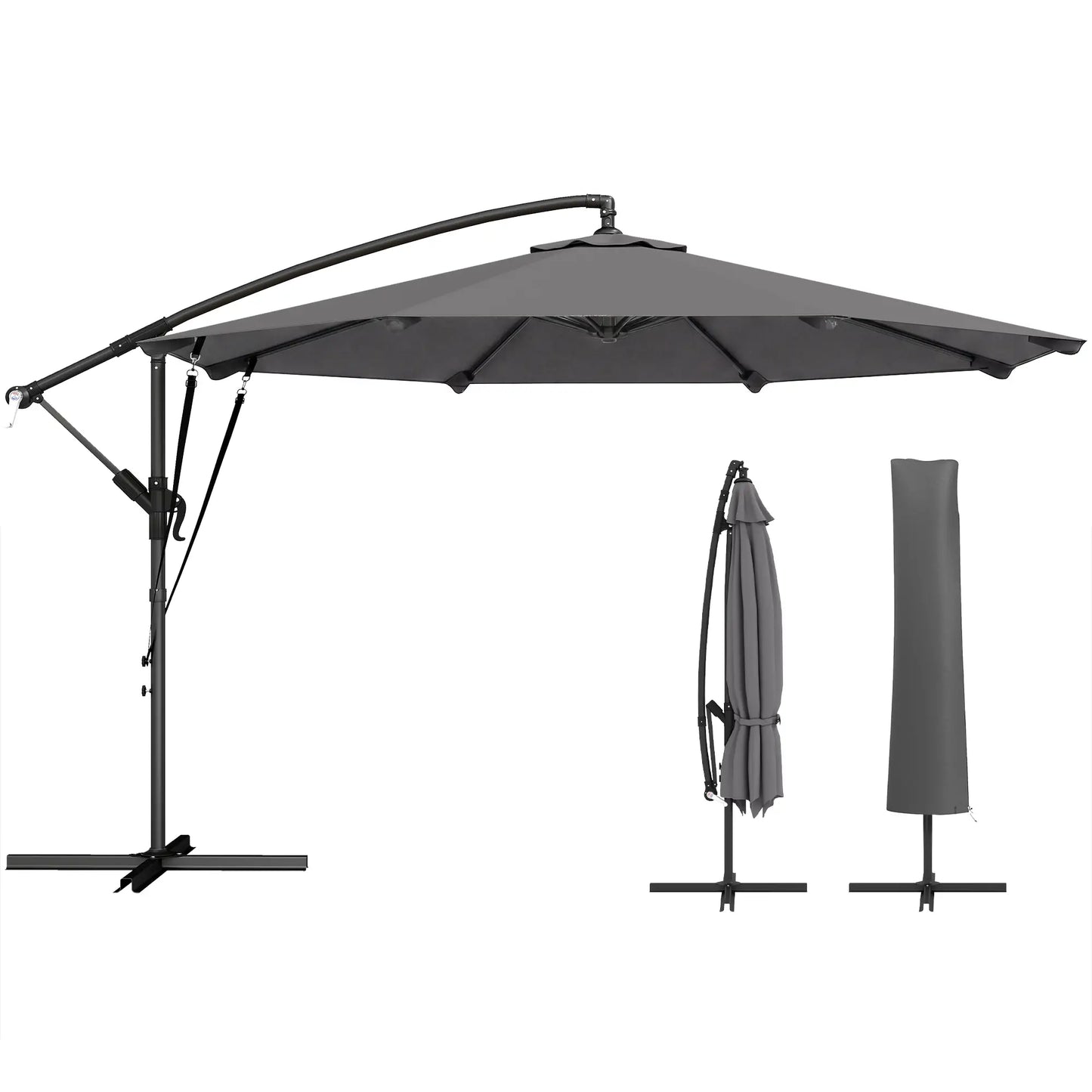 10FT Cantilever Patio Umbrella, 8 Ribs, Cover, Wind Ropes, Dark Grey Offset Cantilever Umbrellas at Gallery Canada