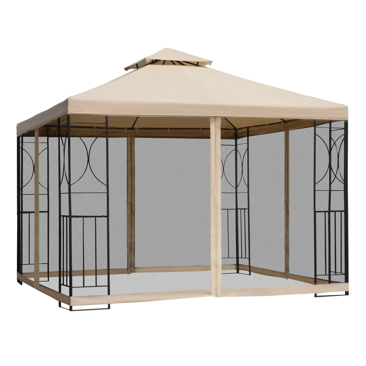 10x10ft Outdoor Gazebo, Double Top Pavilion, Steel Frame, Mosquito Netting Gazebos Sand Color Fabric, Black Frame and Netting at Gallery Canada