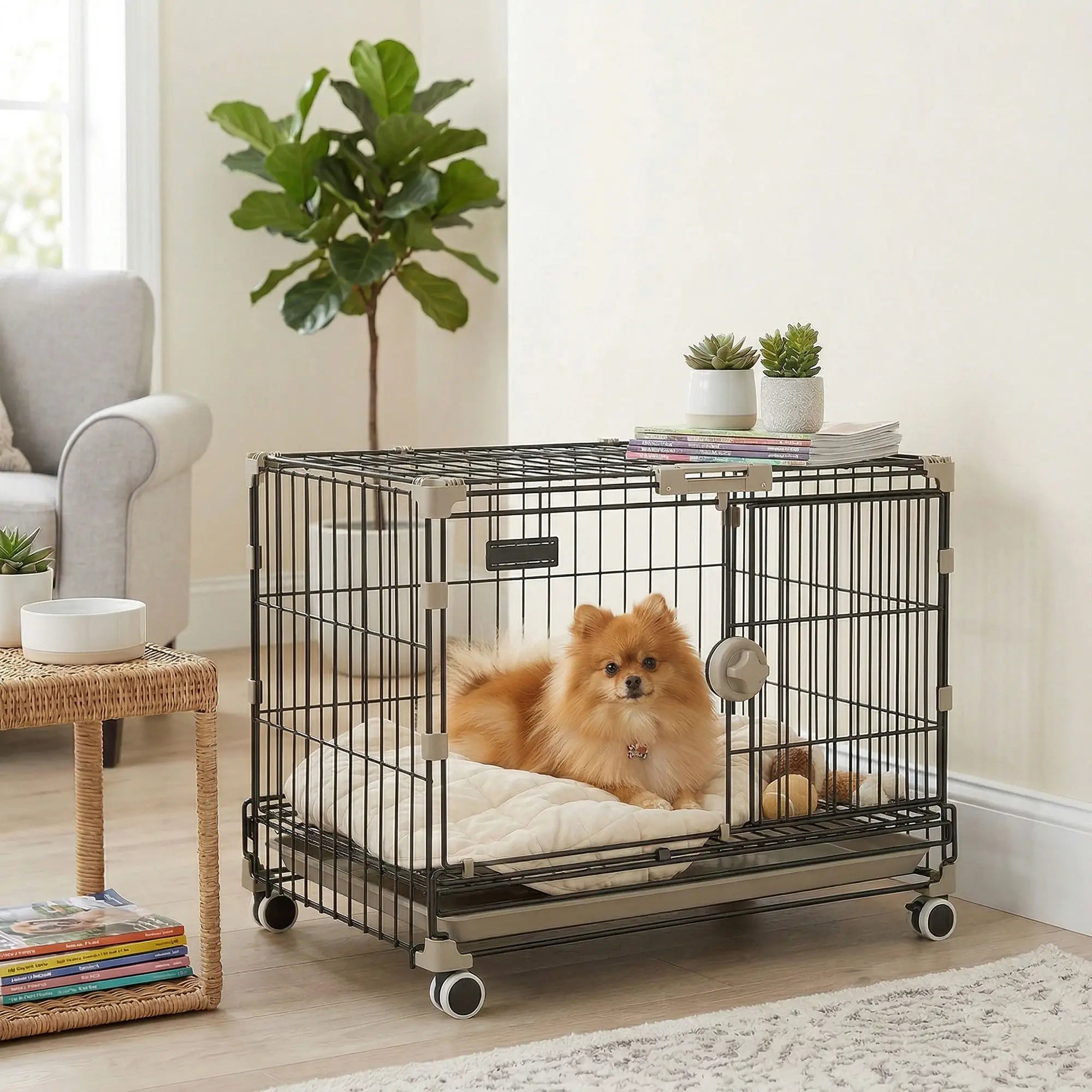 Foldable Dog Crate, 24 Inch Metal Cage, Removable Tray, Lockable Wheels, Black Dog Cages & Crates at Gallery Canada