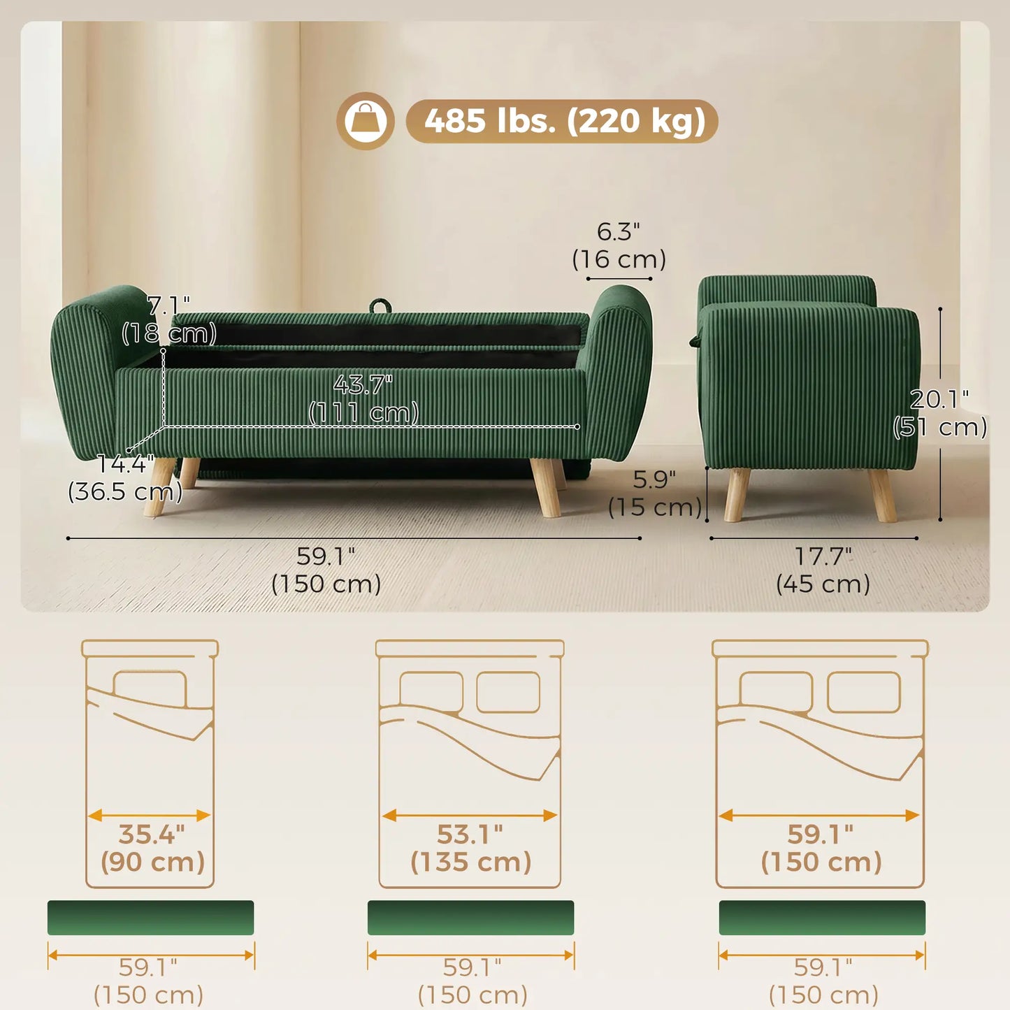 Ottomane de rangement, banc de lit en velours côtelé de 59", vert foncé