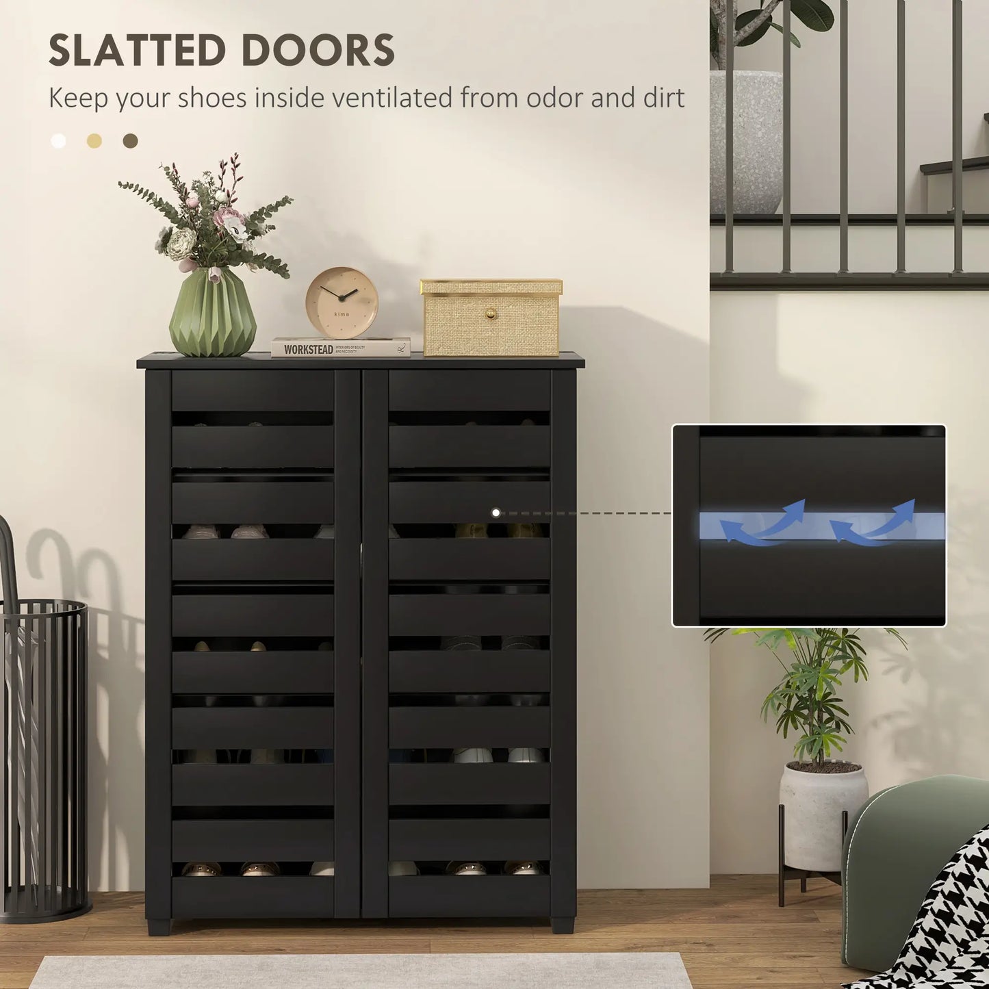 Shoe Storage Cabinet, 2 Slatted Doors, Holds 15 Pairs, Black Shoe Storage Cabinets & Racks at Gallery Canada