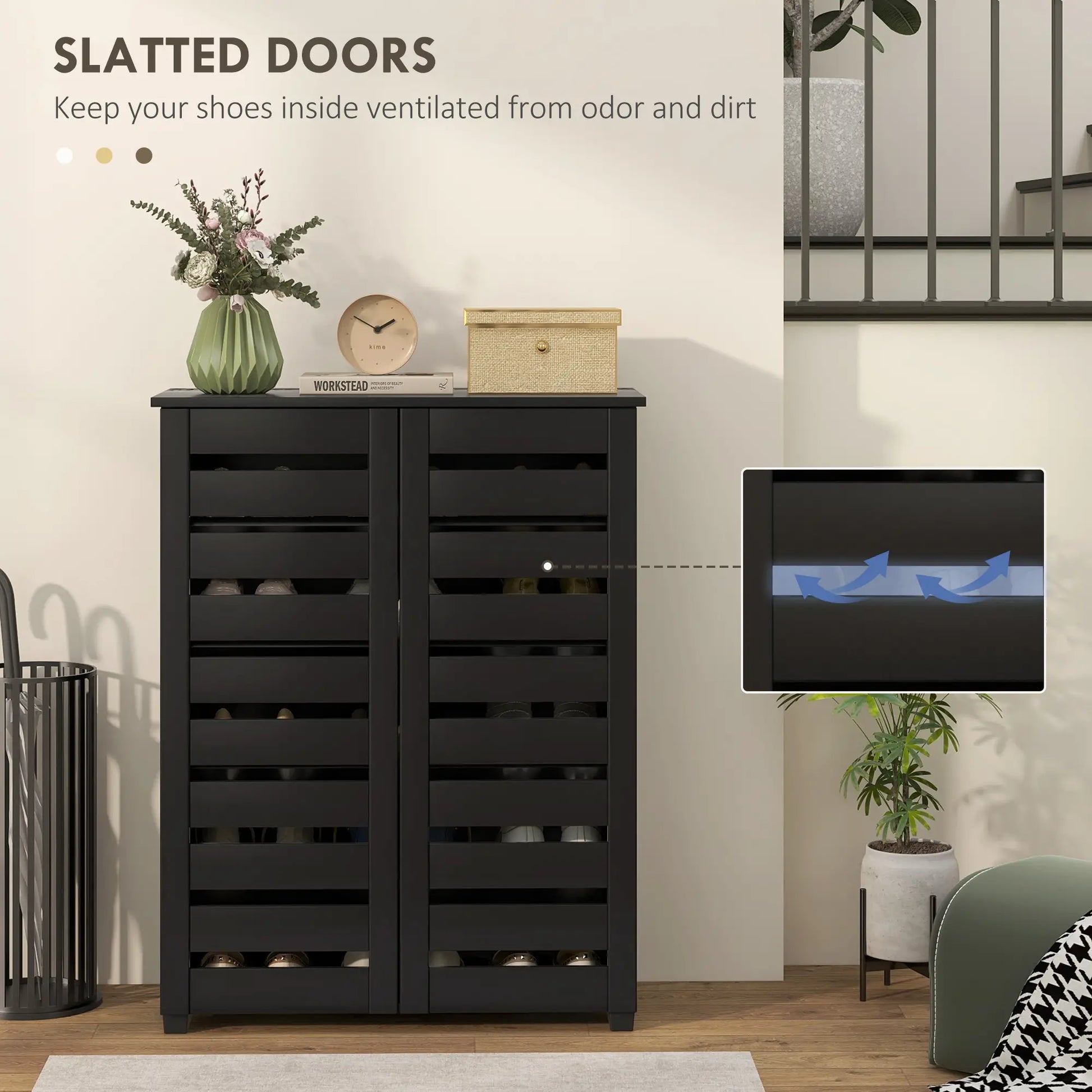 Shoe Storage Cabinet, 2 Slatted Doors, Holds 15 Pairs, Black Shoe Storage Cabinets & Racks at Gallery Canada