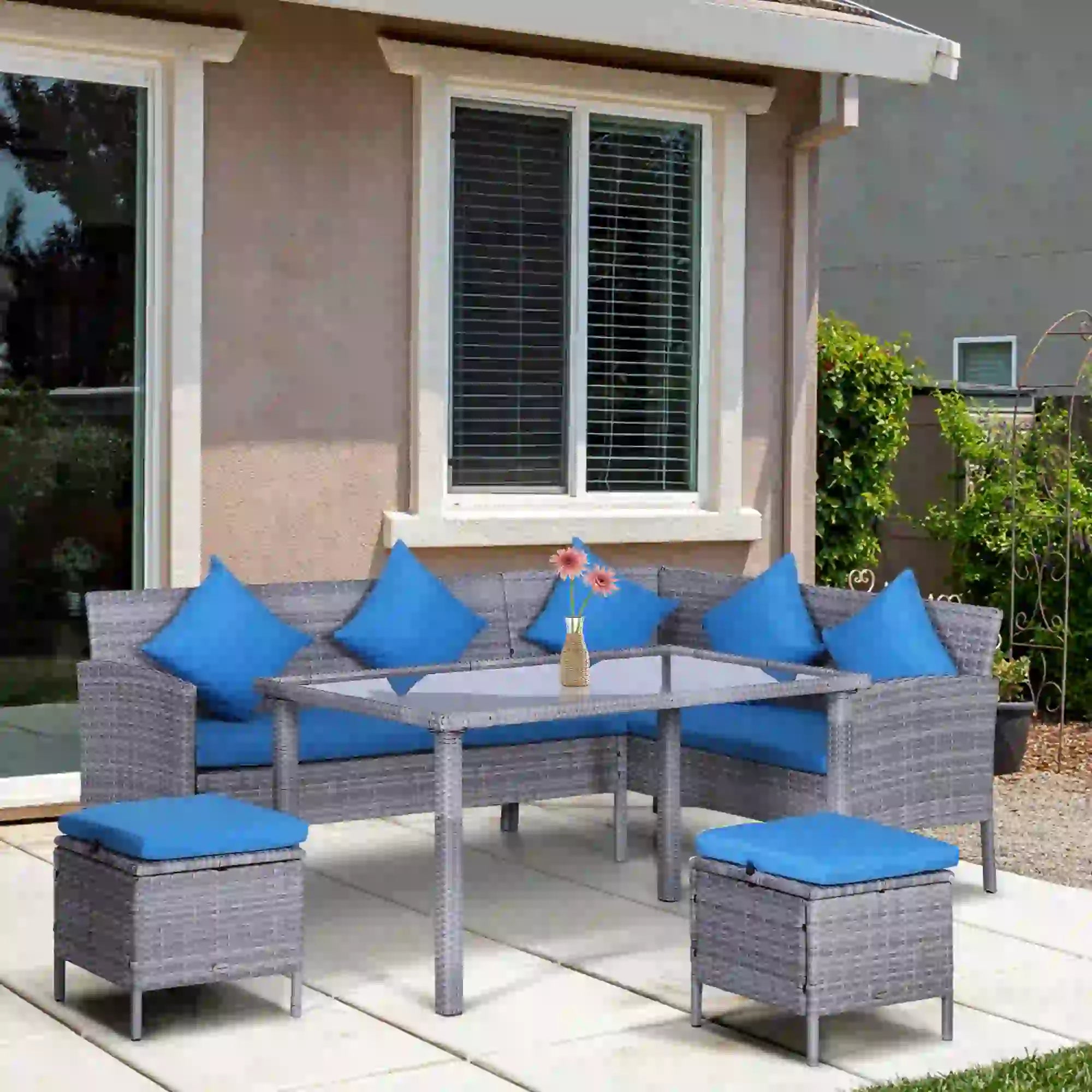 5-Piece Wicker Patio Set, Table, Ottomans, Bright Blue, Blue Patio Furniture Sets at Gallery Canada