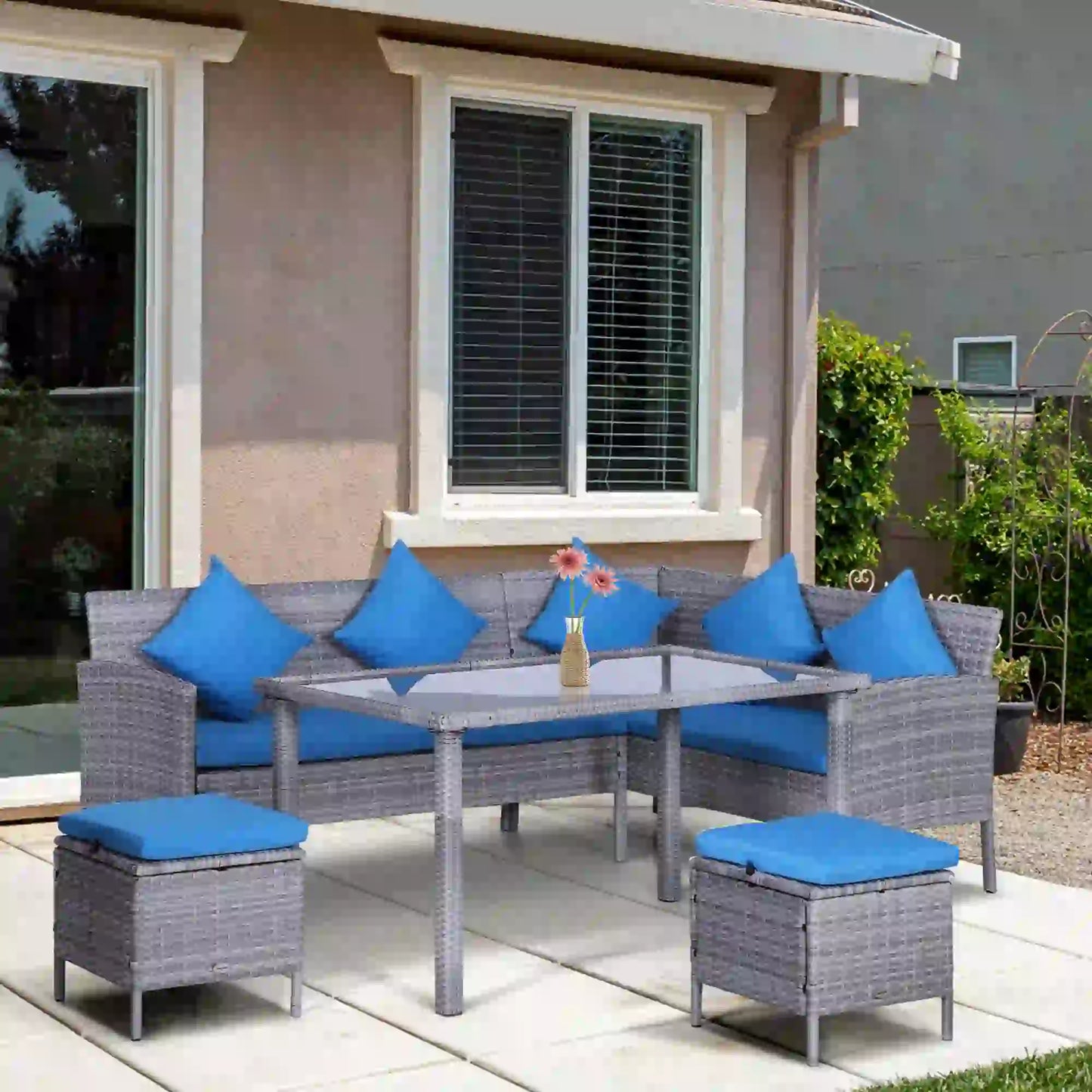 5-Piece Wicker Patio Set, Table, Ottomans, Bright Blue, Blue Patio Furniture Sets at Gallery Canada