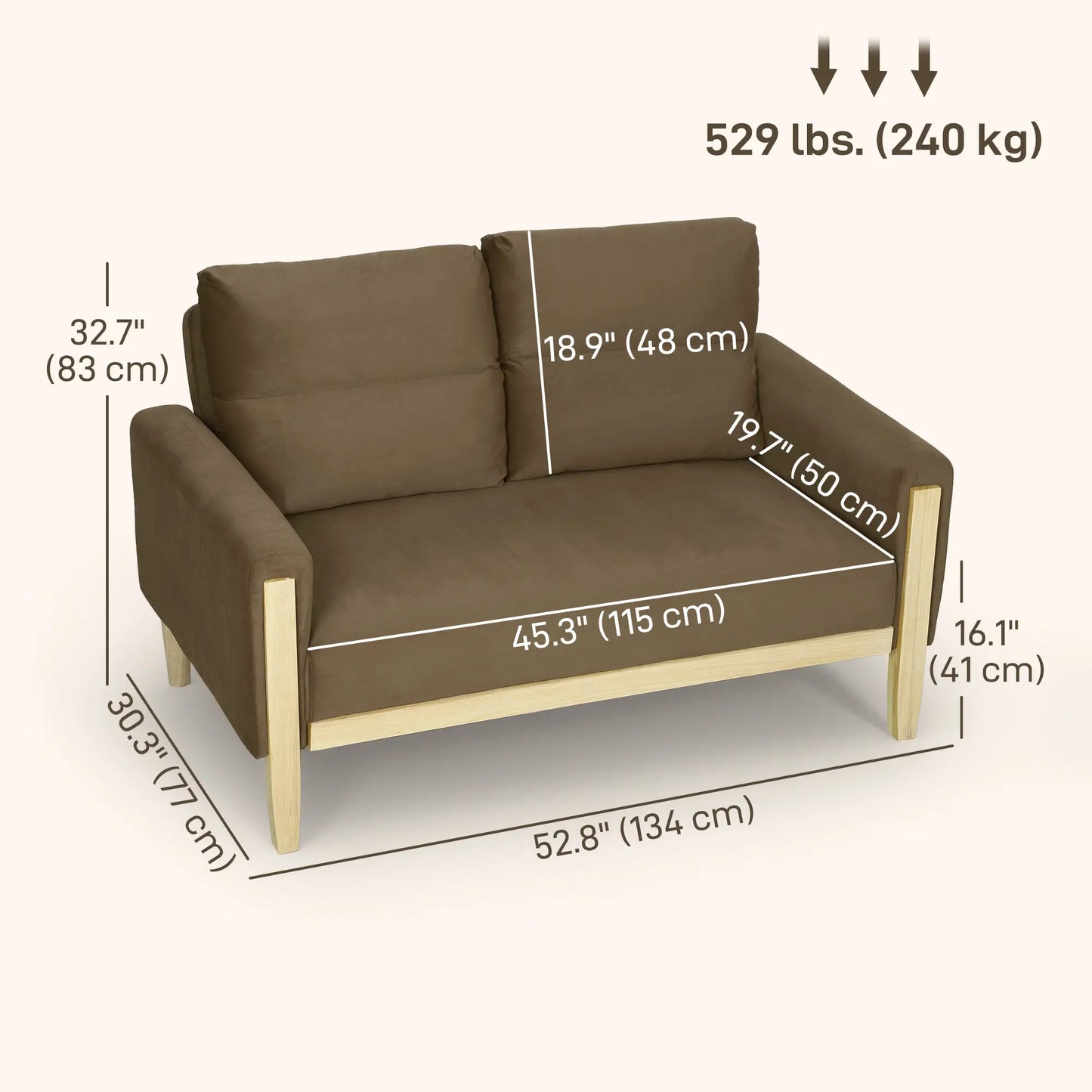 53 Inch Loveseat Sofa, 2 Seater Couch, Solid Wood Legs, Modern Velvet, Brown 2-Seater Sofas at Gallery Canada