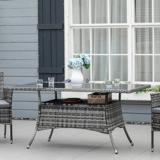 Garden Dining Table, Rattan with Glass Top, Storage Shelf, 59" x 34" x 29", Grey Outdoor Dining Sets Grey, Black at Gallery Canada