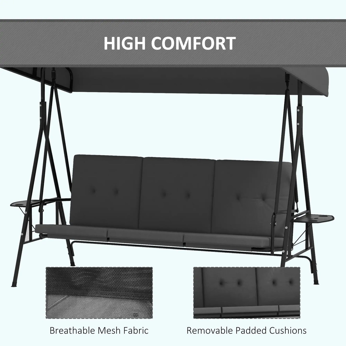 3-Seat Outdoor Swing With Adjustable Canopy, Side Tray, Removable Cushion, Grey