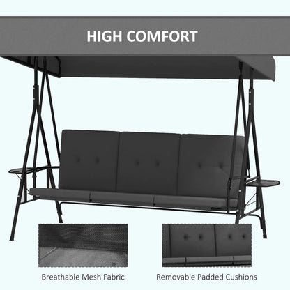 3-Seat Outdoor Swing With Adjustable Canopy, Side Tray, Removable Cushion, Grey