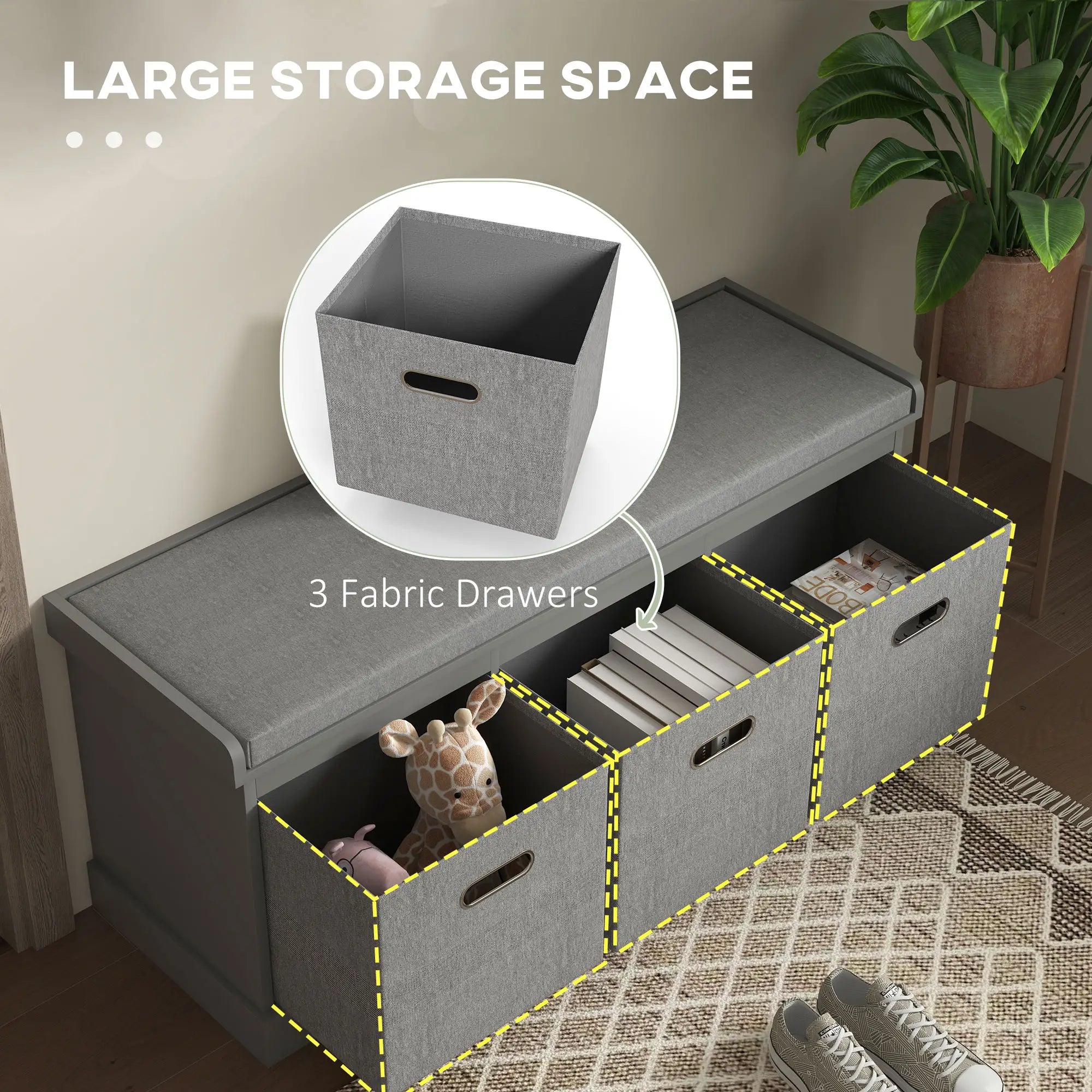 Shoe Storage Bench with Seat, 3 Fabric Drawers, Grey Shoe Storage Cabinets & Racks at Gallery Canada
