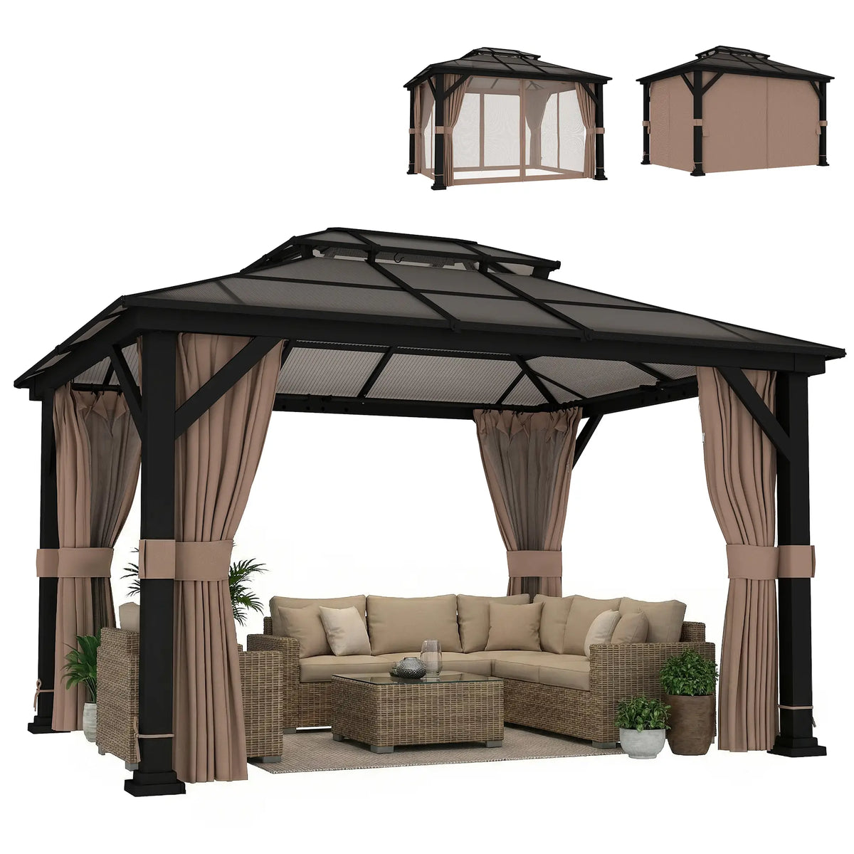 10' x 12' Hardtop Gazebo, Steel Permanent Outdoor, Khaki Gazebos at Gallery Canada