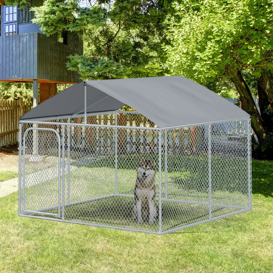 Dog Kennel Outdoor Run Fence with Roof, Steel Lock, Mesh Sidewalls for Backyard &; Patio, 7.5' x 7.5' x 5.7' - Gallery Canada