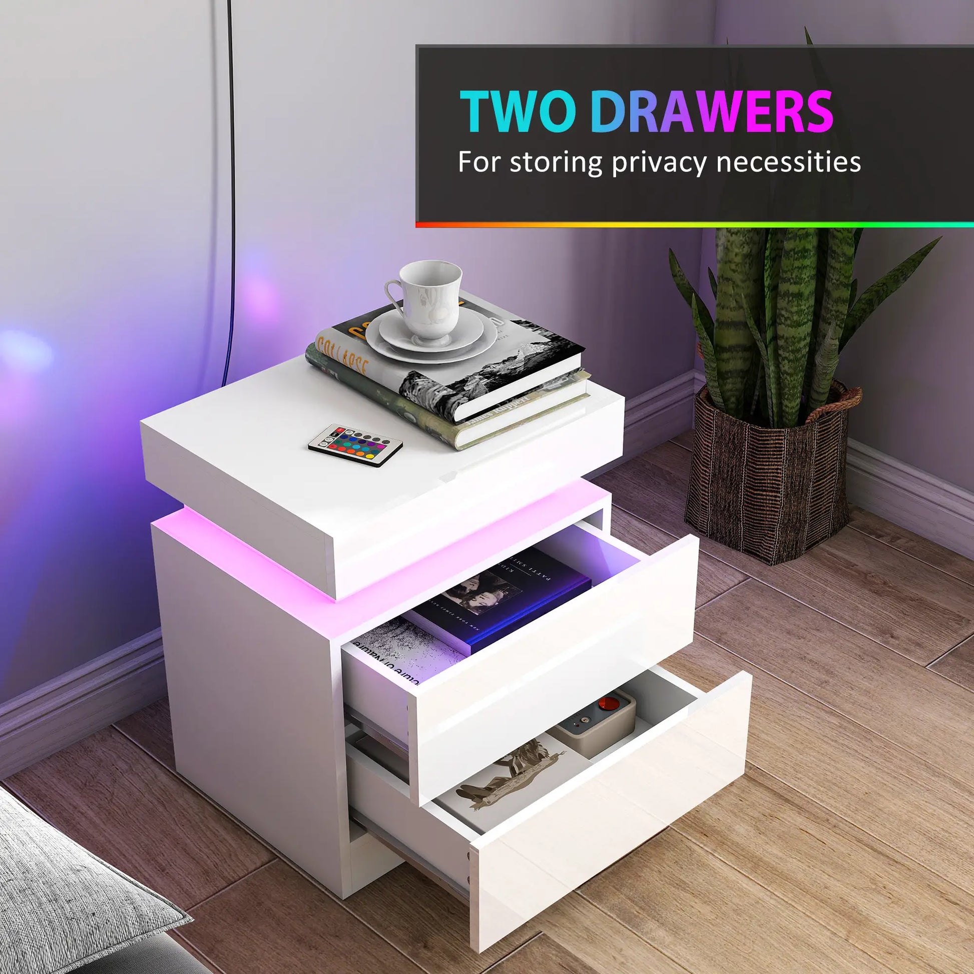 Nightstand Set of 2, LED Lights, 2 Drawers, White Bedside Tables at Gallery Canada