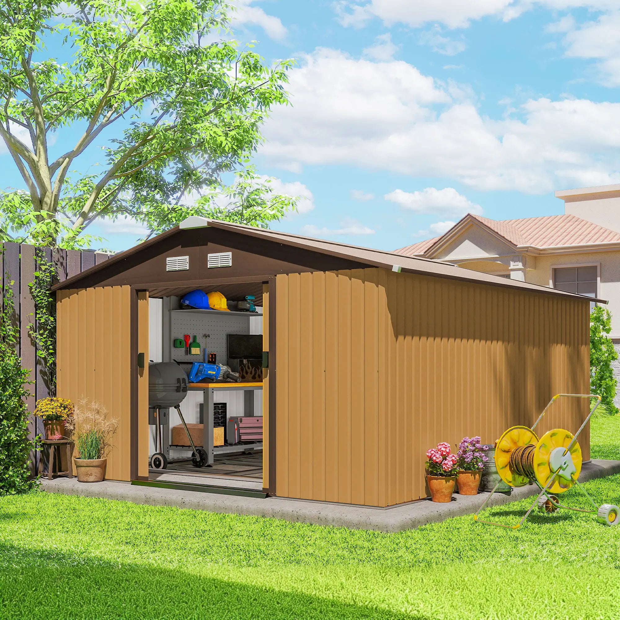 11' x 13' Garden Storage Shed, Metal Tool House, Double Doors, Yellow Sheds at Gallery Canada