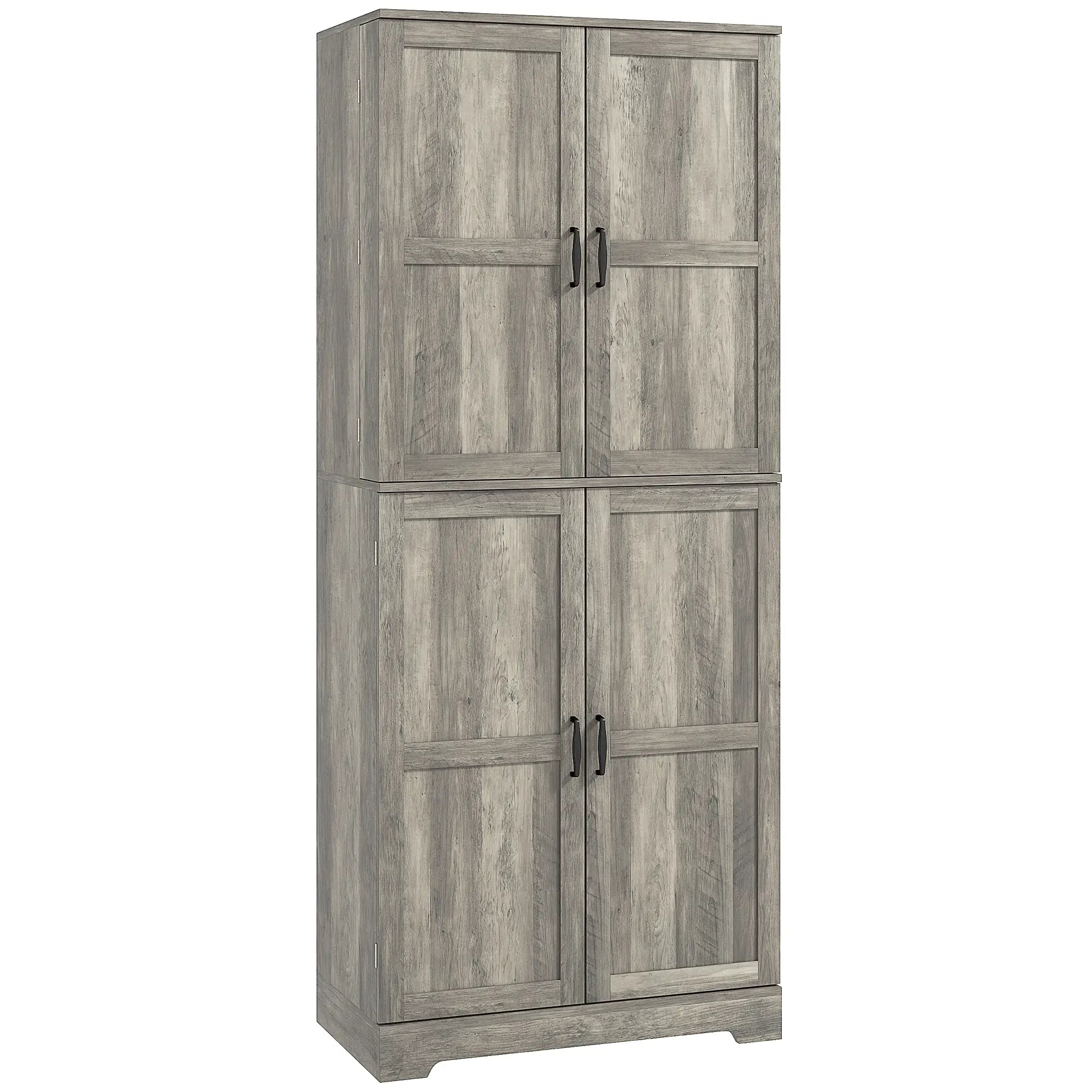 Farmhouse Kitchen Pantry Cabinet, Barn Doors, Adjustable Shelves, Distressed, Grey Storage Cabinets Distressed Grey at Gallery Canada