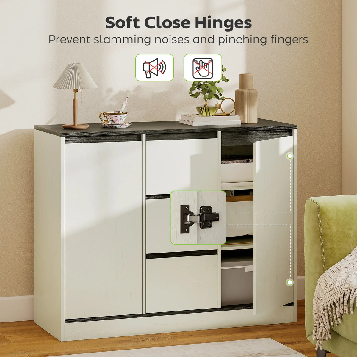 Buffet Cabinet, Soft Close Hinges, 3 Drawers, 2 Shelves, White Wood Grain