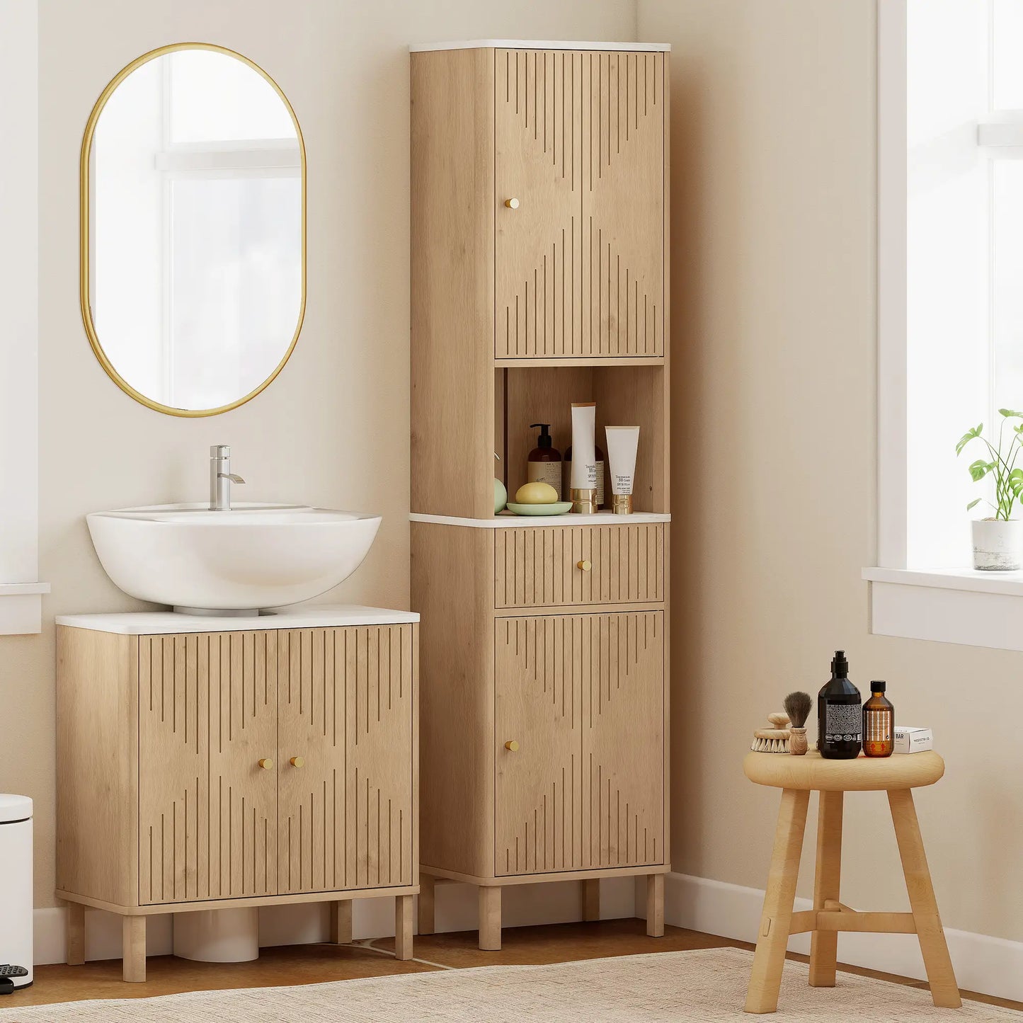 66 in Tall Bathroom Cabinet With Drawer, Oak
