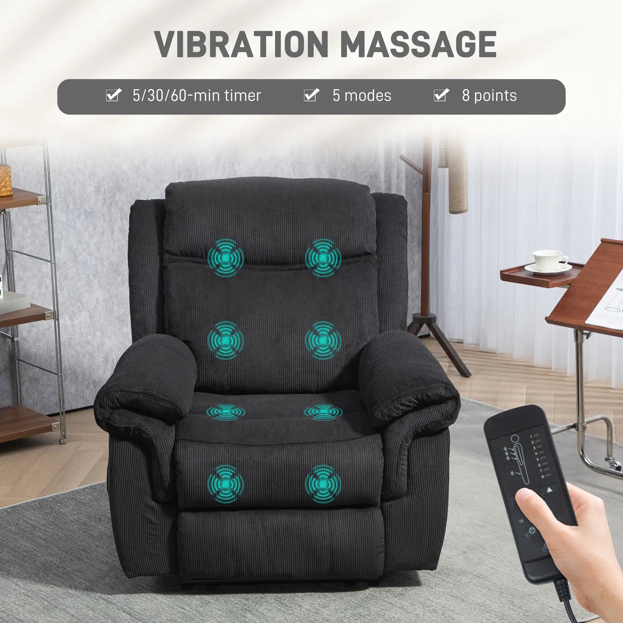 Manual Recliner Chair, Vibration Massage, Side Pockets, Corduroy, Black Sofas & Reclining Chairs at Gallery Canada