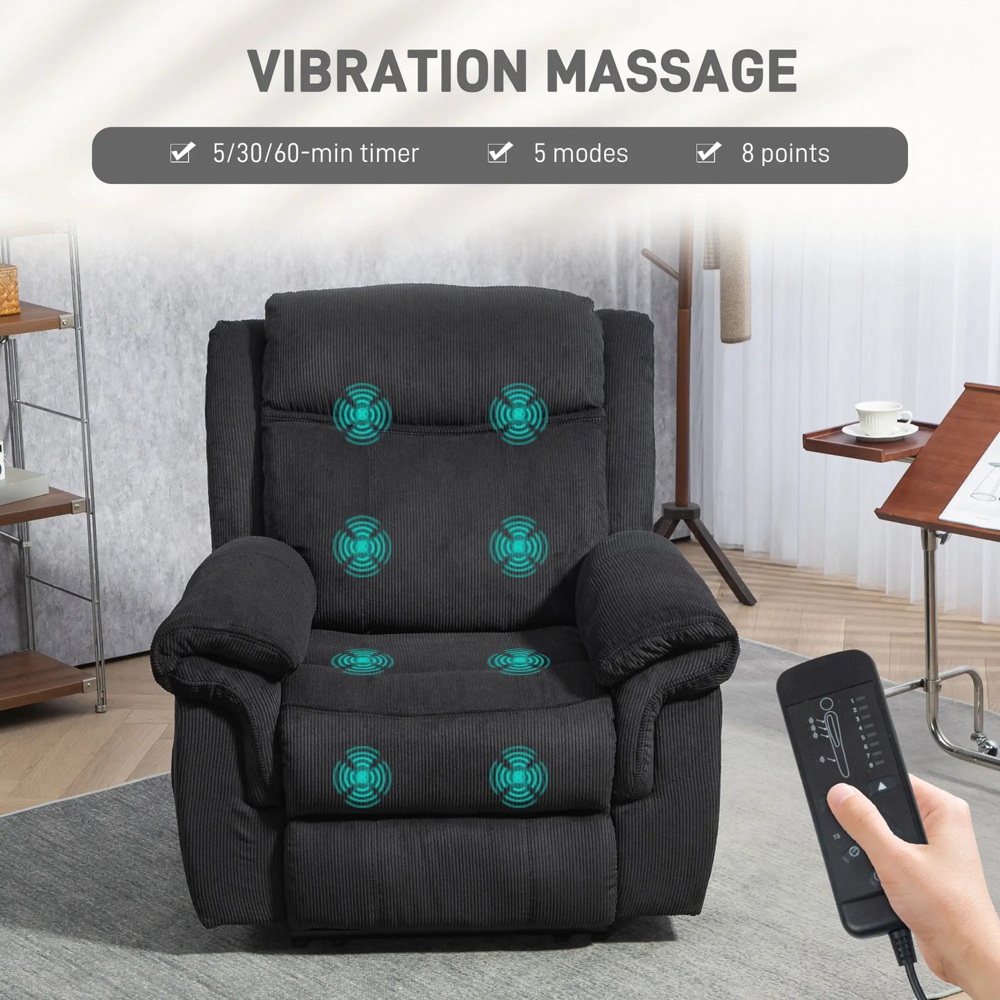 Manual Recliner Chair, Vibration Massage, Side Pockets, Corduroy, Black Sofas & Reclining Chairs at Gallery Canada