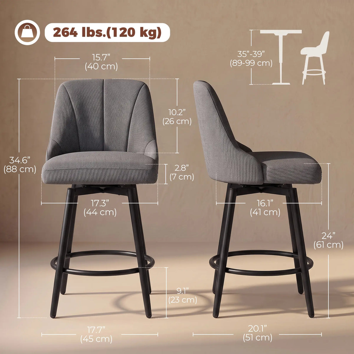 Swivel Bar Stools Set of 2, Counter Height, Dark Grey