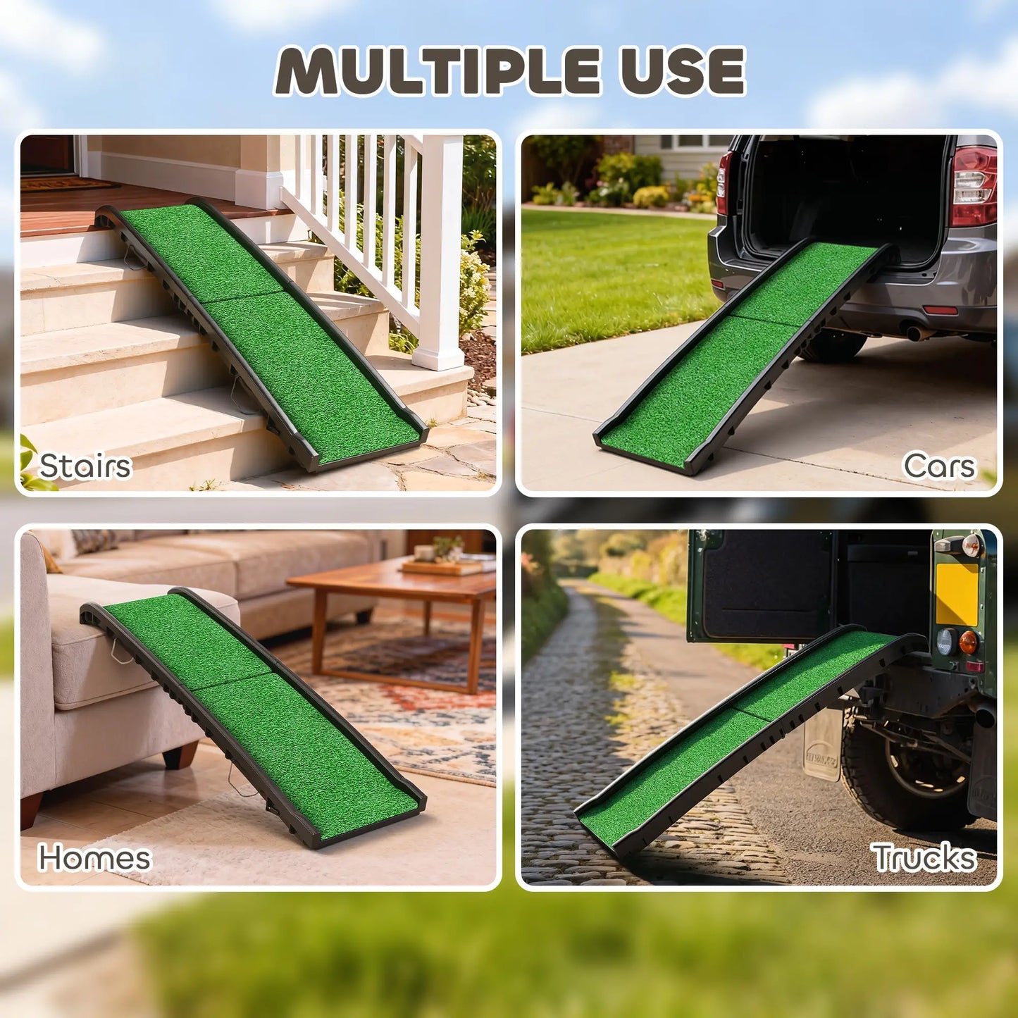 61 Pouces Rampe pour Animaux de Compagnie Pliable avec Surface en Herbe, Garde-Corps Surélevés