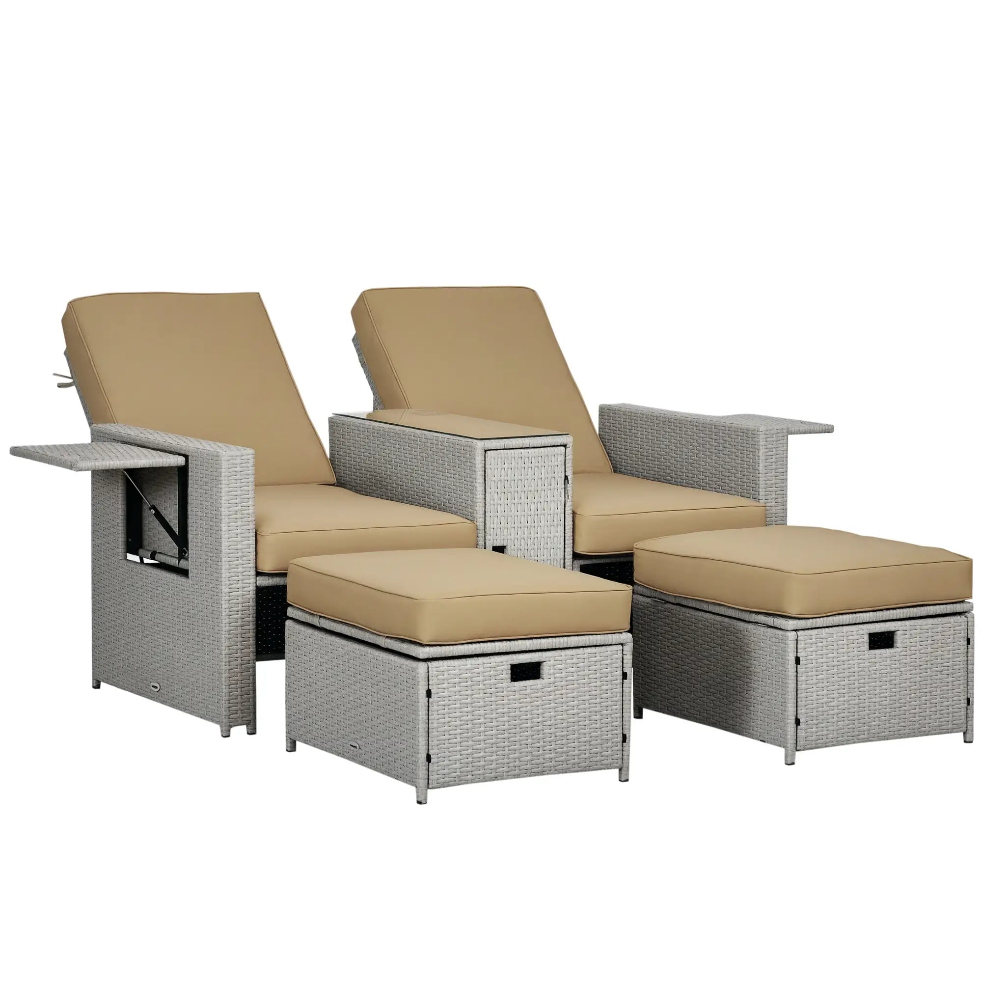 5PC Wicker Patio Lounger, Adjustable Recliner Sofa Bed, Storage Side Table, Footstools, Khaki Chaise Loungers Khaki, Beige at Gallery Canada