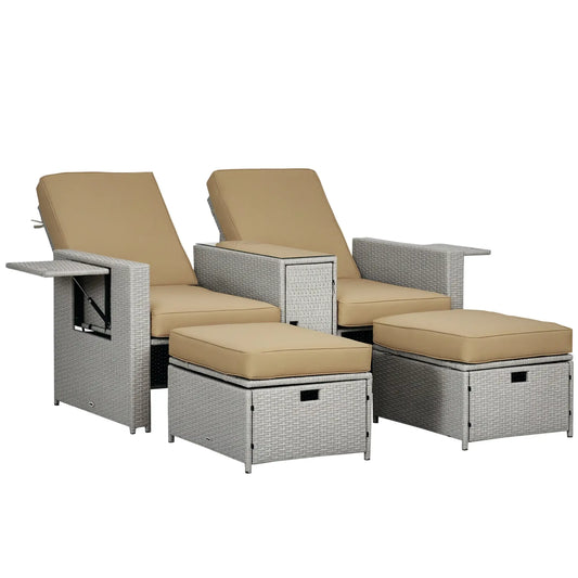 5PC Wicker Patio Lounger, Adjustable Recliner Sofa Bed, Storage Side Table, Footstools, Khaki Chaise Loungers Khaki, Beige at Gallery Canada