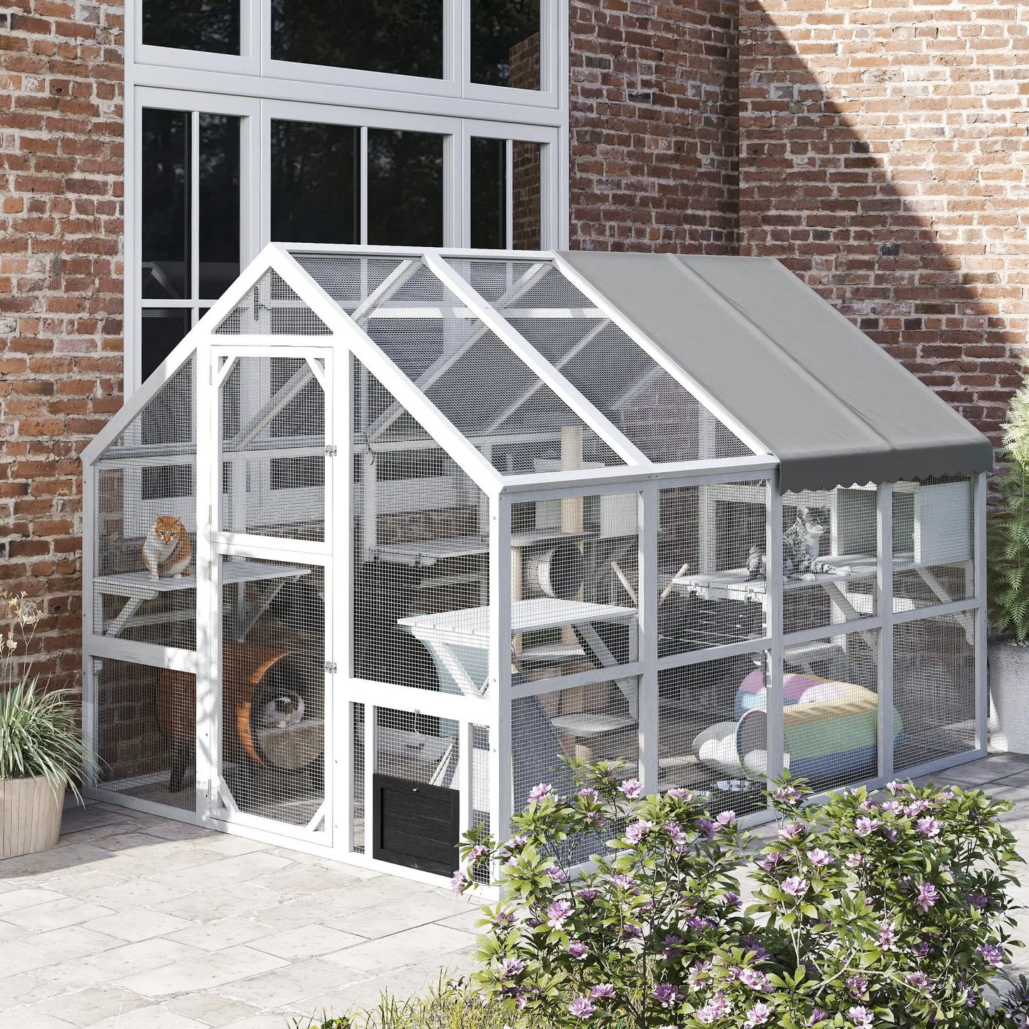 Outdoor Cat Enclosure, Wooden Feral Cat House, Weatherproof Canopy