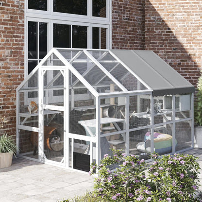 Outdoor Cat Enclosure, Wooden Feral Cat House, Weatherproof Canopy