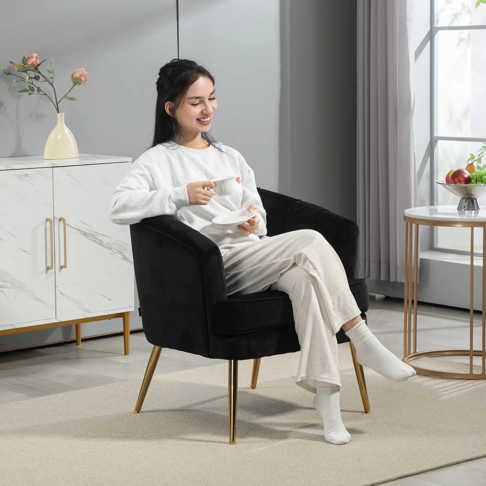 Modern Fabric Armchair, Gold Metal Legs, Living Room, Black Accent Chairs at Gallery Canada