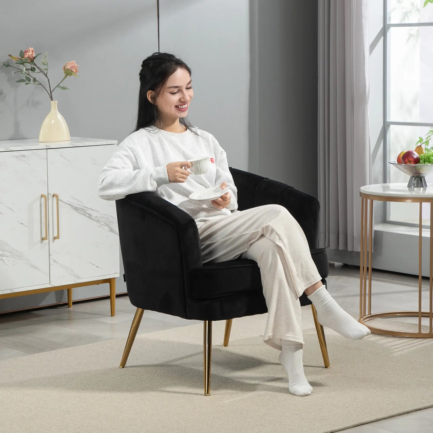 Modern Fabric Armchair, Gold Metal Legs, Living Room, Black Accent Chairs at Gallery Canada