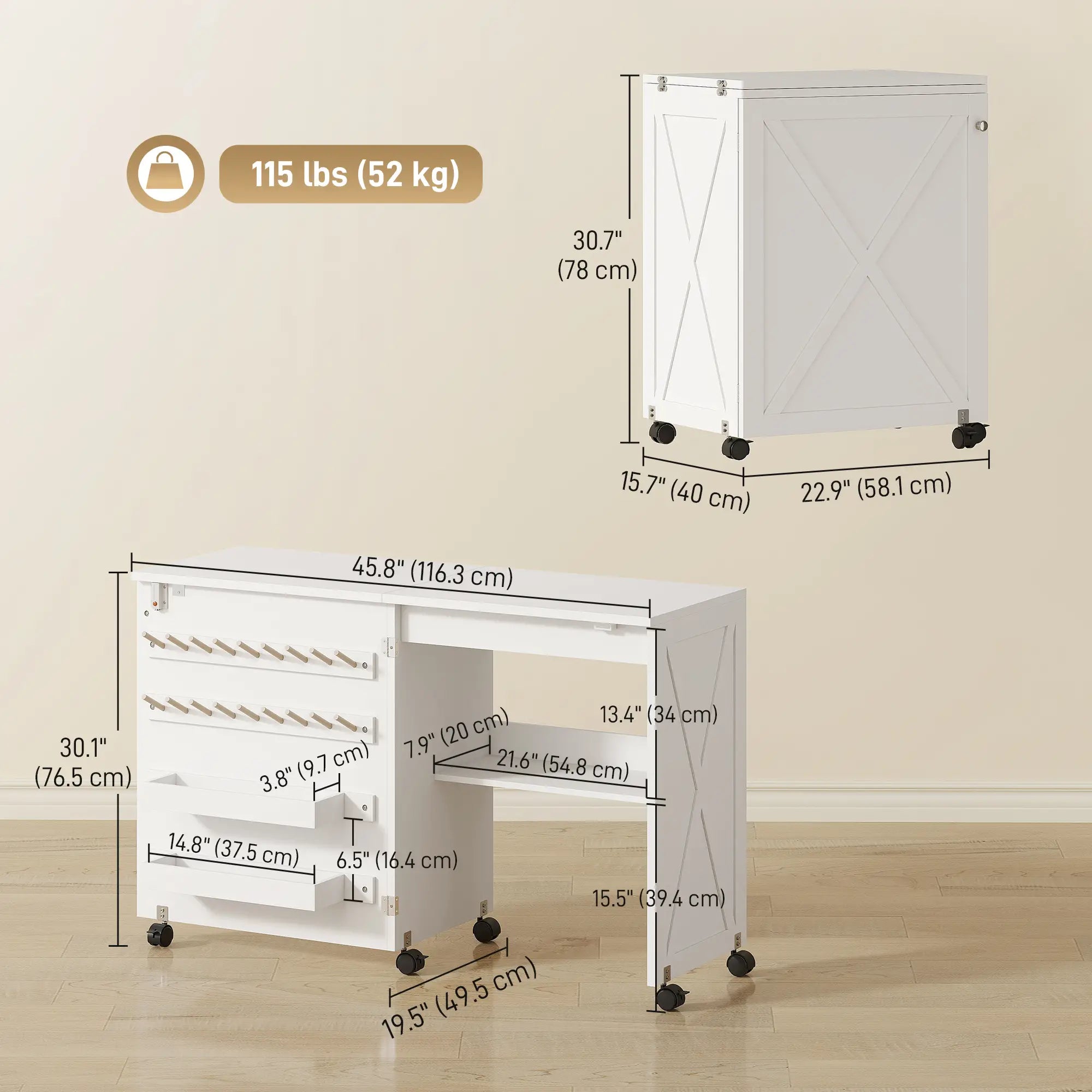 Sewing Machine Table on Wheels, Folding Craft Table with Storage, White Storage Cabinets at Gallery Canada