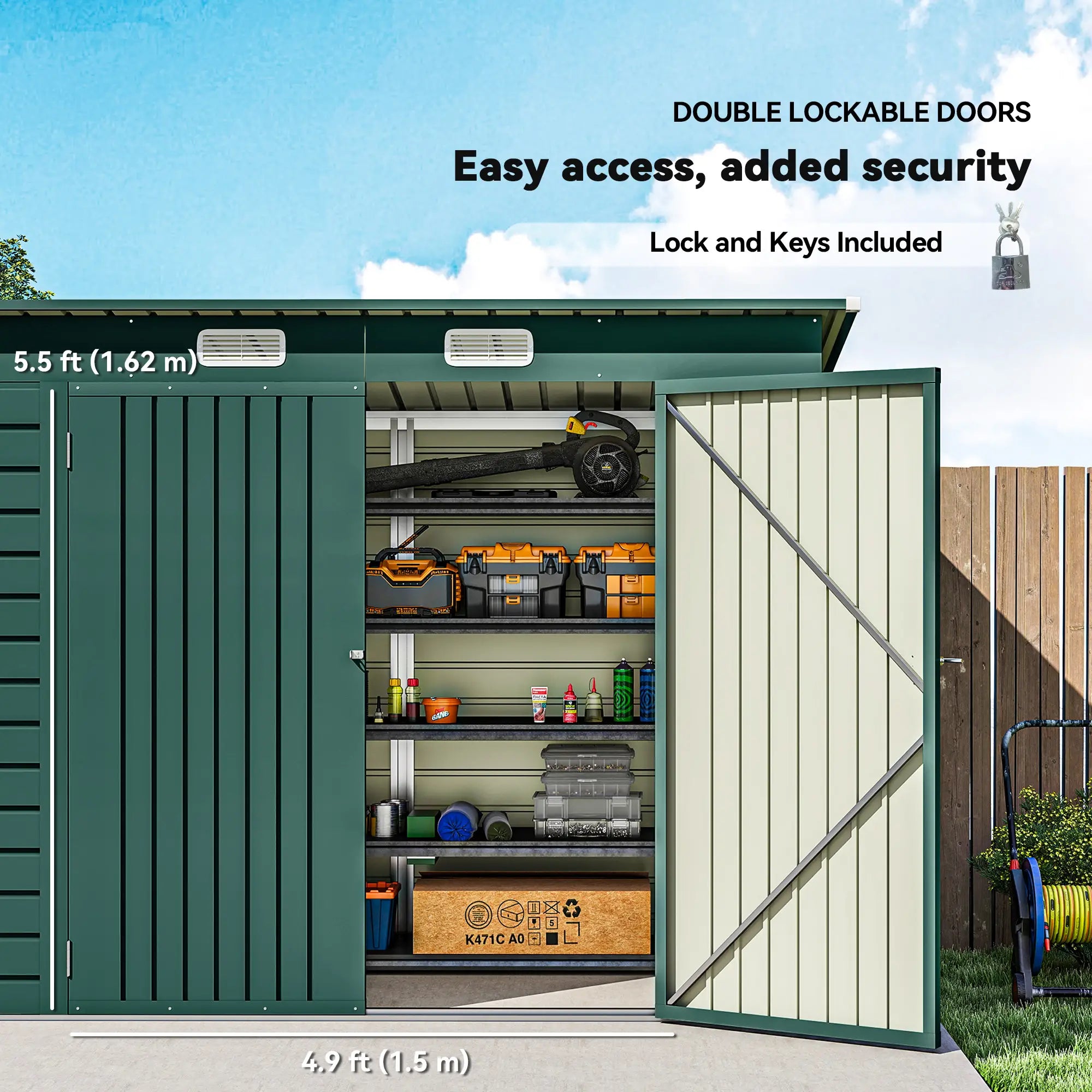 8 x 4FT Galvanized Metal Garden Shed, Double Doors, 2 Vents, Green Sheds at Gallery Canada