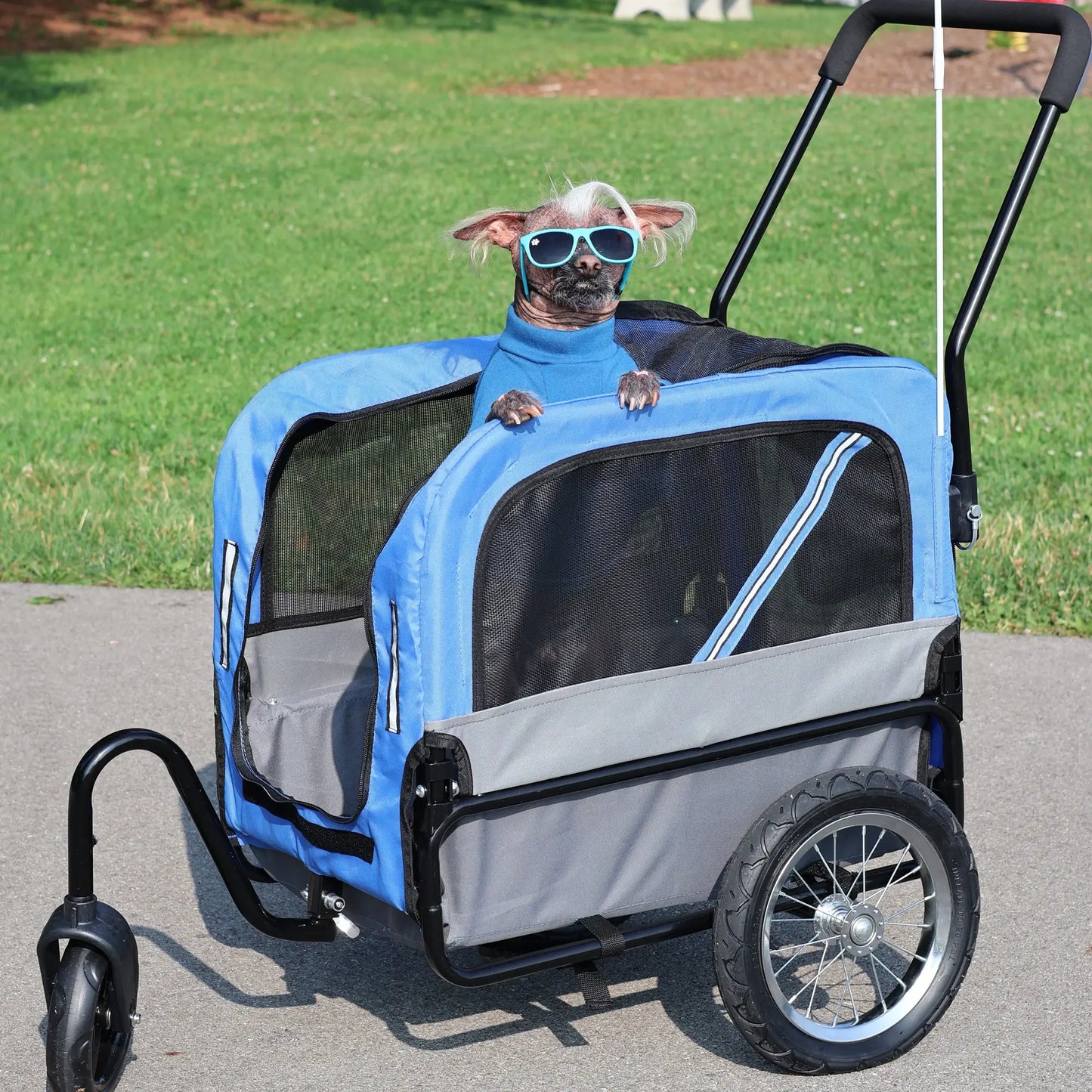 Dog Bike Trailer 2-In-1 Pet Stroller Cart Bicycle Wagon Cargo Carrier Attachment for Travel with 360 Swivel Wheel, Hitch, Suspension, Safety Flag, Blue Dog Bike Trailers & Strollers at Gallery Canada