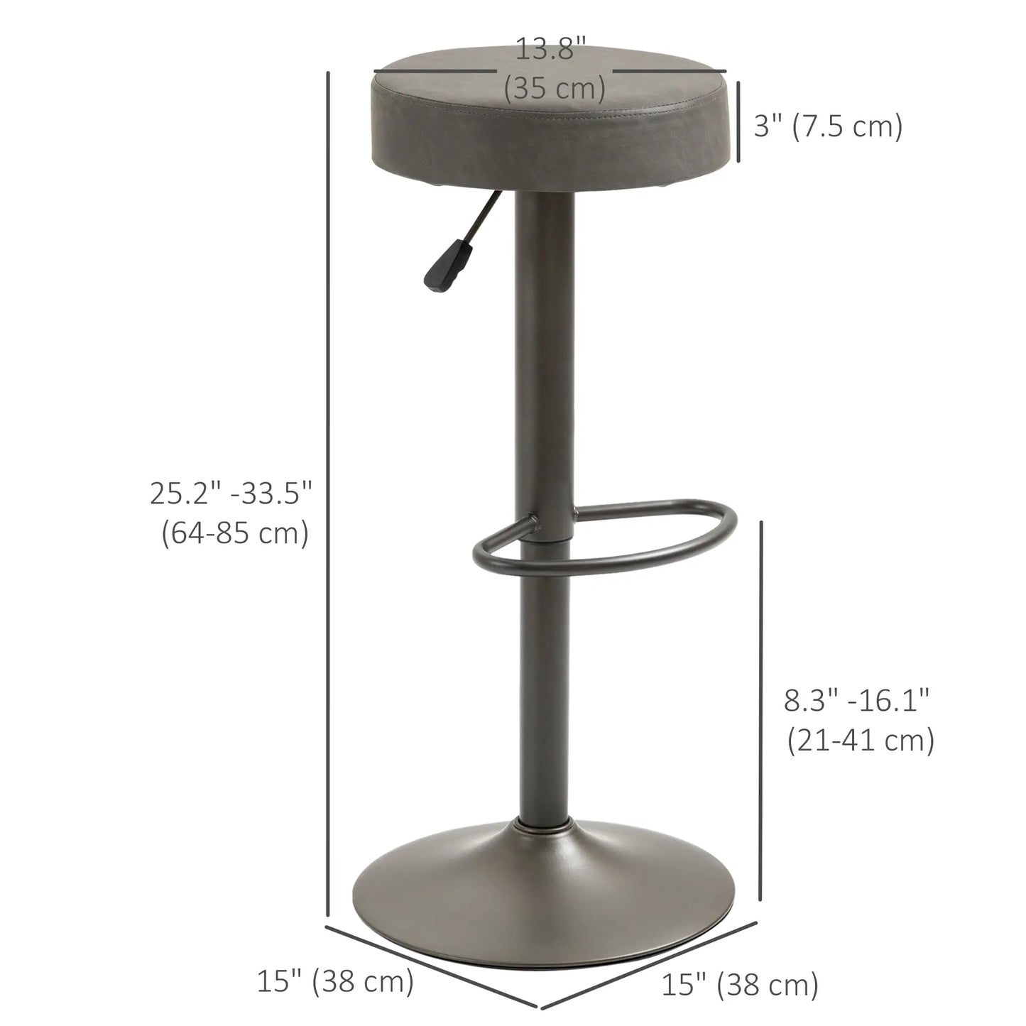 Adjustable Bar Stools Set of 2, Swivel with Footrest, PU Leather Round Top, Dark Grey Bar Stools at Gallery Canada